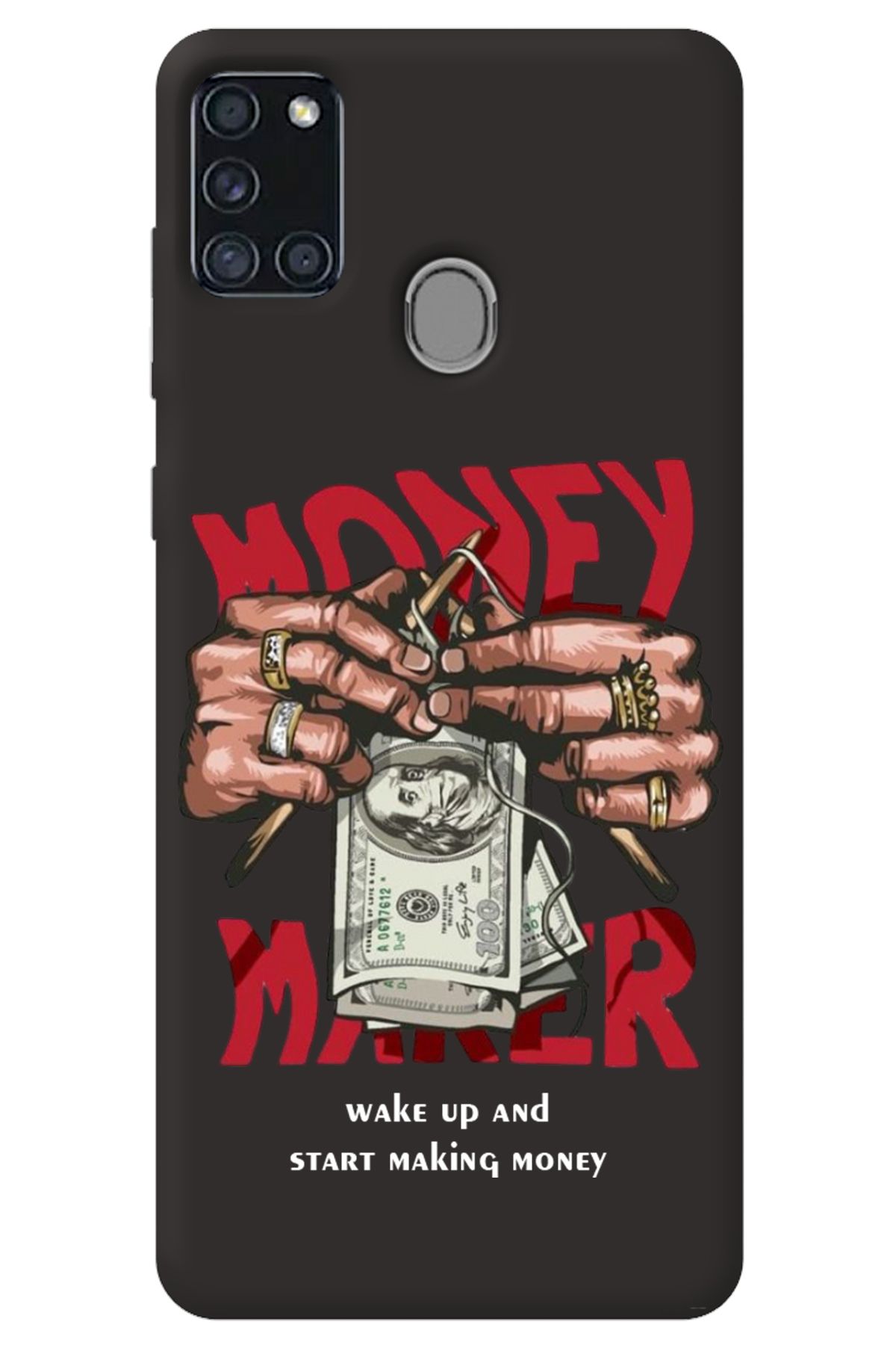 WANNA PROTECT Samsung A21S Siyah İçi Kadife Make Money Desenli Silikon Telefon Kılıfı