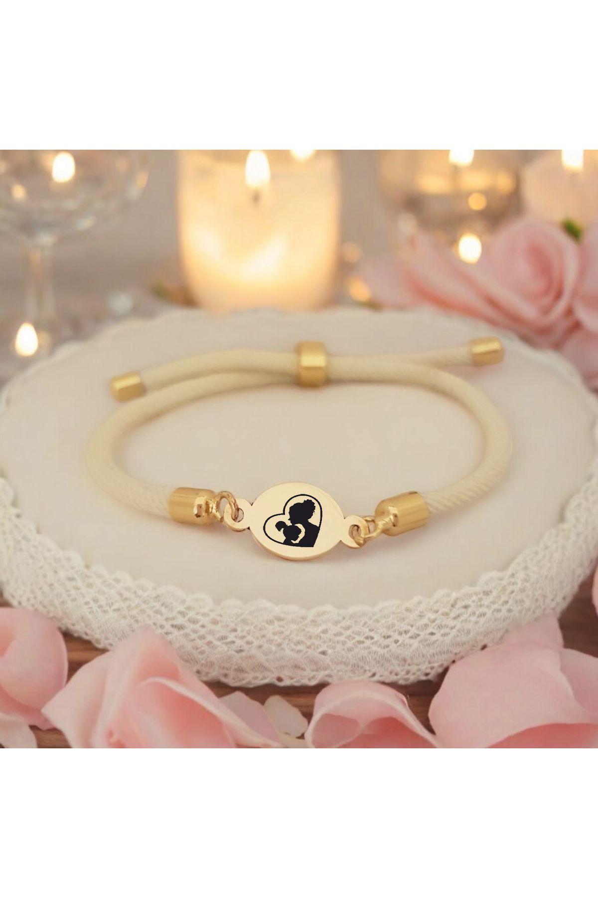 ARCHINO GOLD 14 Ayar Altın Plakalı Bayanlara Özel Oval Motifli Ve Örgülü Anne Bilekliği-424sembol-beyaz
