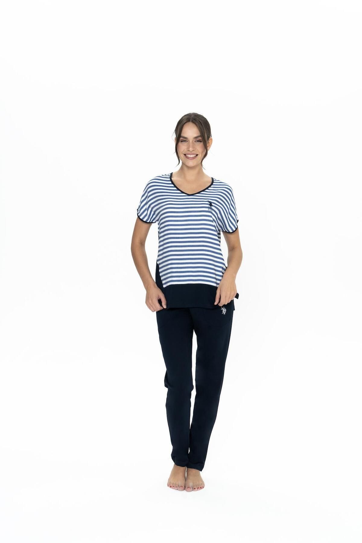U.S. Polo Assn. Us Polo V Yaka Kısakol Çizgili Cepli Kadın Pijama Takım, Üst Viskon, Alt Pamuk Kumaş