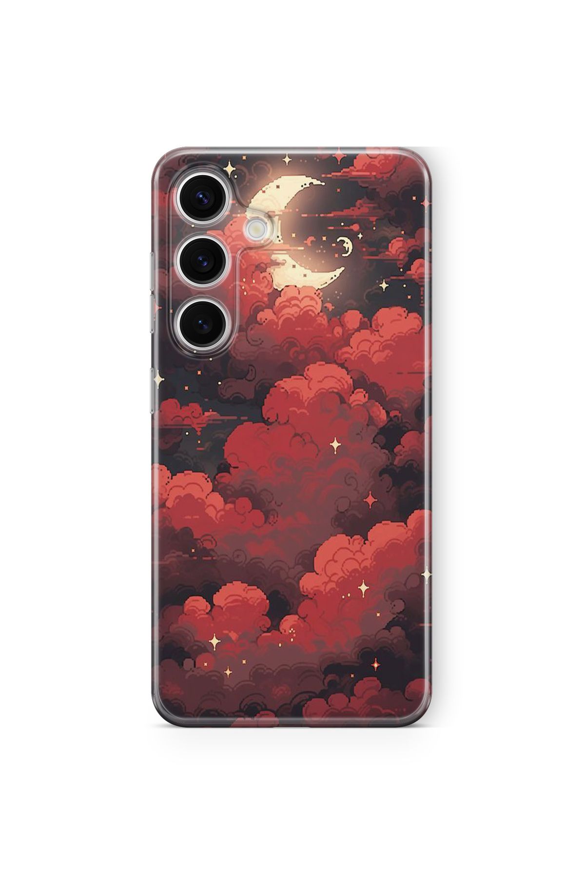 Space Star Samsung Galaxy A14 Uyumlu Kırmızı Pixel Bulut Tasarım Baskılı Şeffaf Kılıf