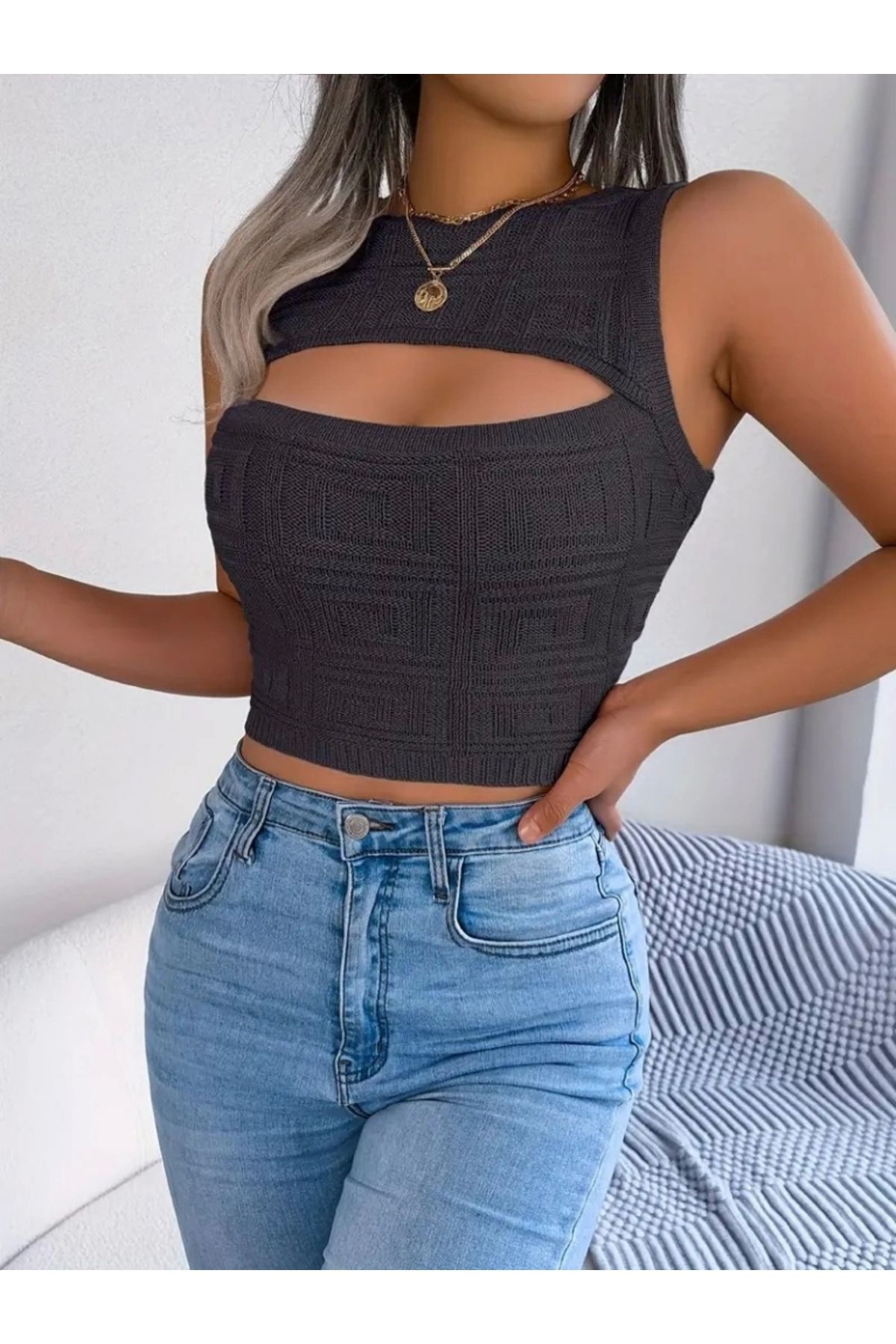 nedo7 Kadın Askılı Bisiklet Yaka Güpüs Dekolteli Triko Crop Bluz