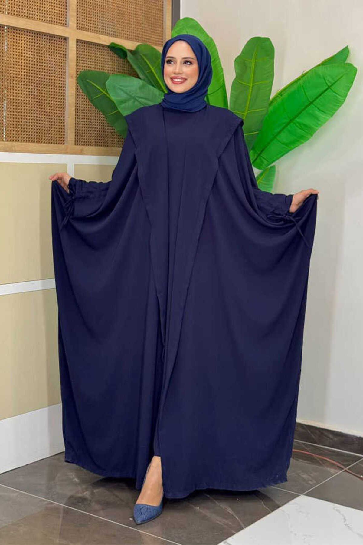 Bym Fashion Kapüşonlu Abaya ve Elbise İkili Takım 70013 Lacivert
