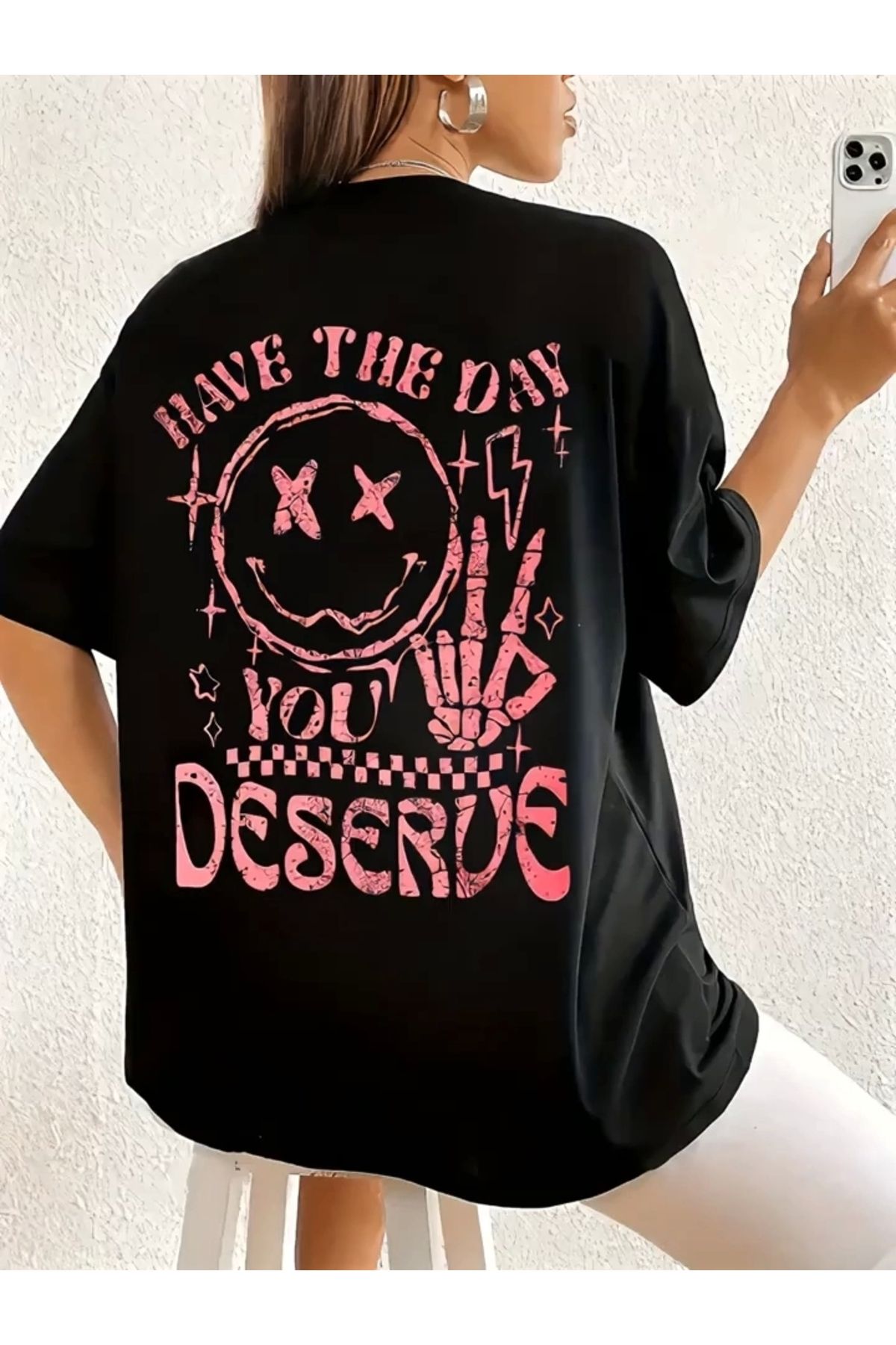 nedo7 Baskılı Oversize Bisiklet Yaka T-shirt - Siyah