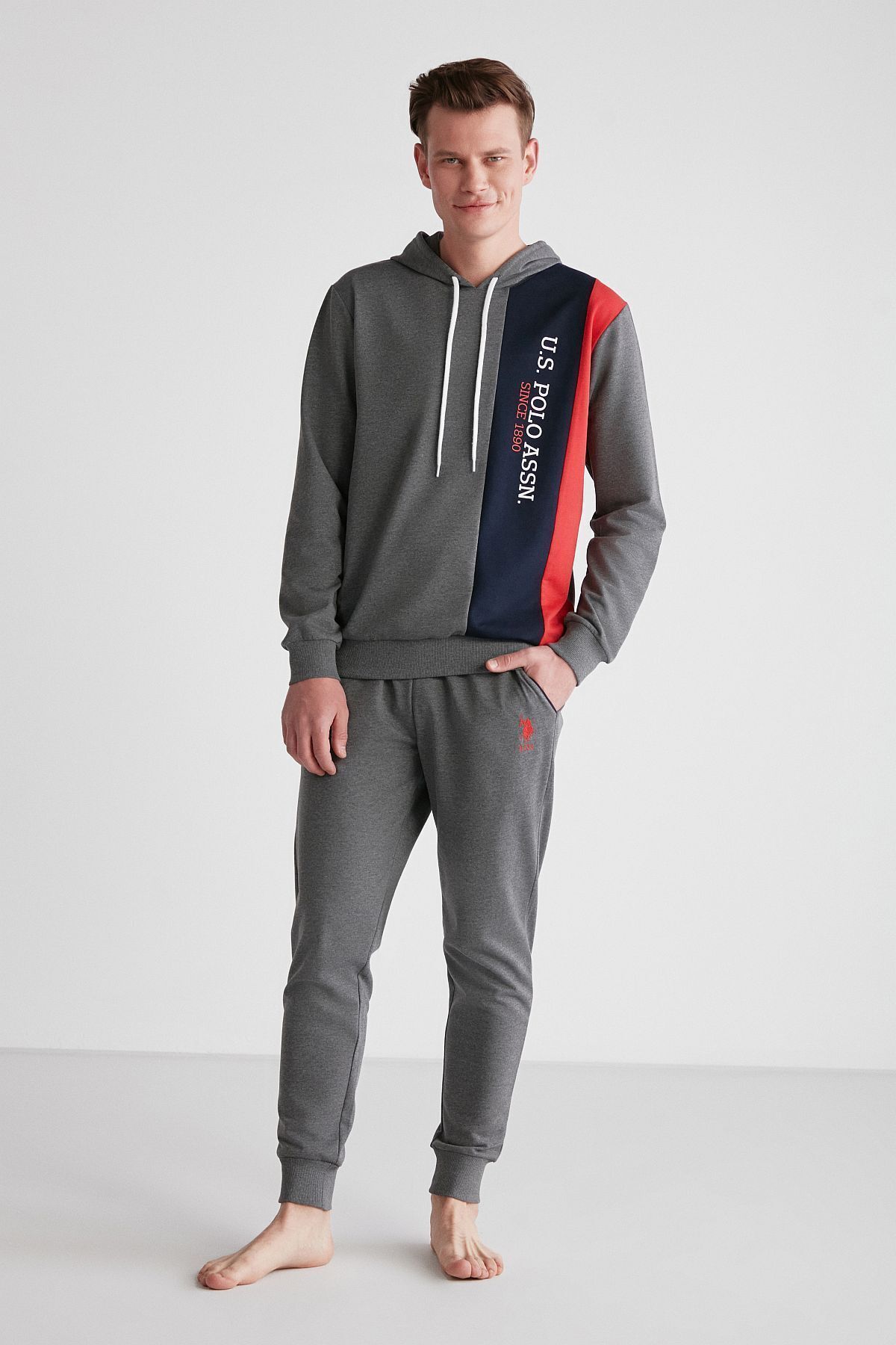 U.S. Polo Assn. 18711 Erkek Antrasit Melanj Kapşonlu Uzun Kollu Pijama Takımı