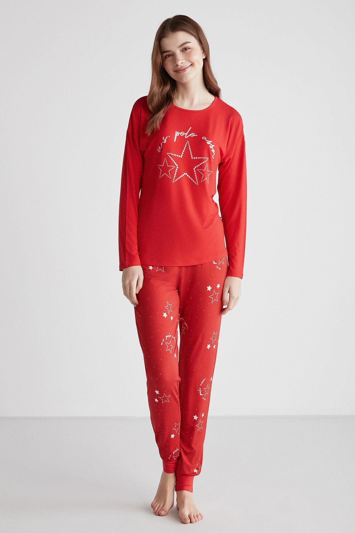 U.S. Polo Assn. 16979 Kadın Kırmızı Yuvarlak Yaka Uzun Kollu Pijama Takımı