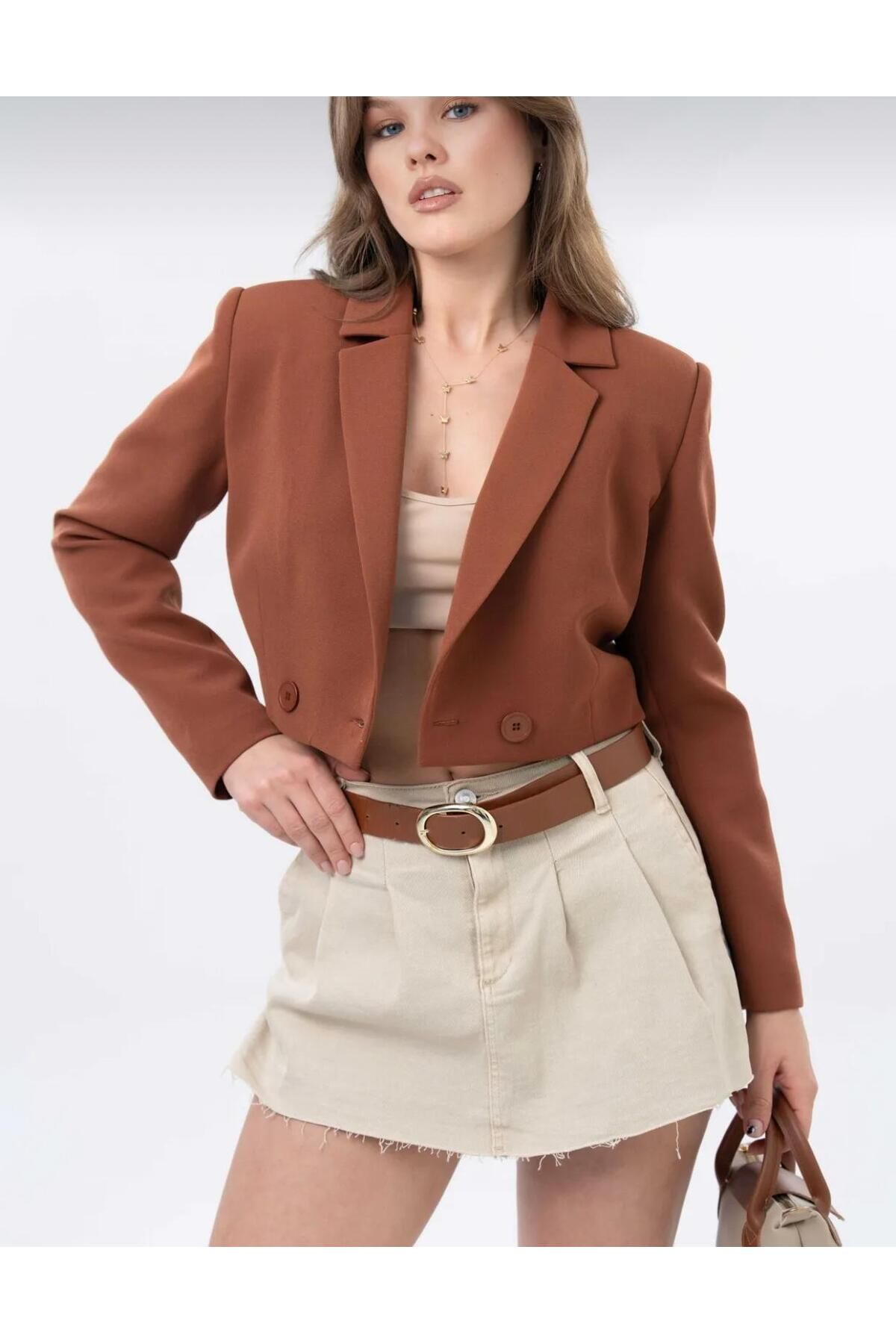 lüx vestimenta Kruvaze Crop Blazer Ceket