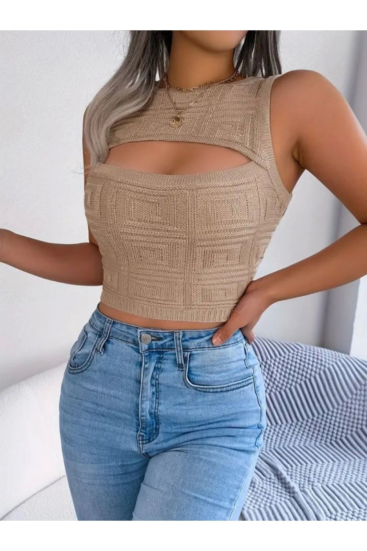 nedo7 Kadın Askılı Bisiklet Yaka Güpüs Dekolteli Triko Crop Bluz