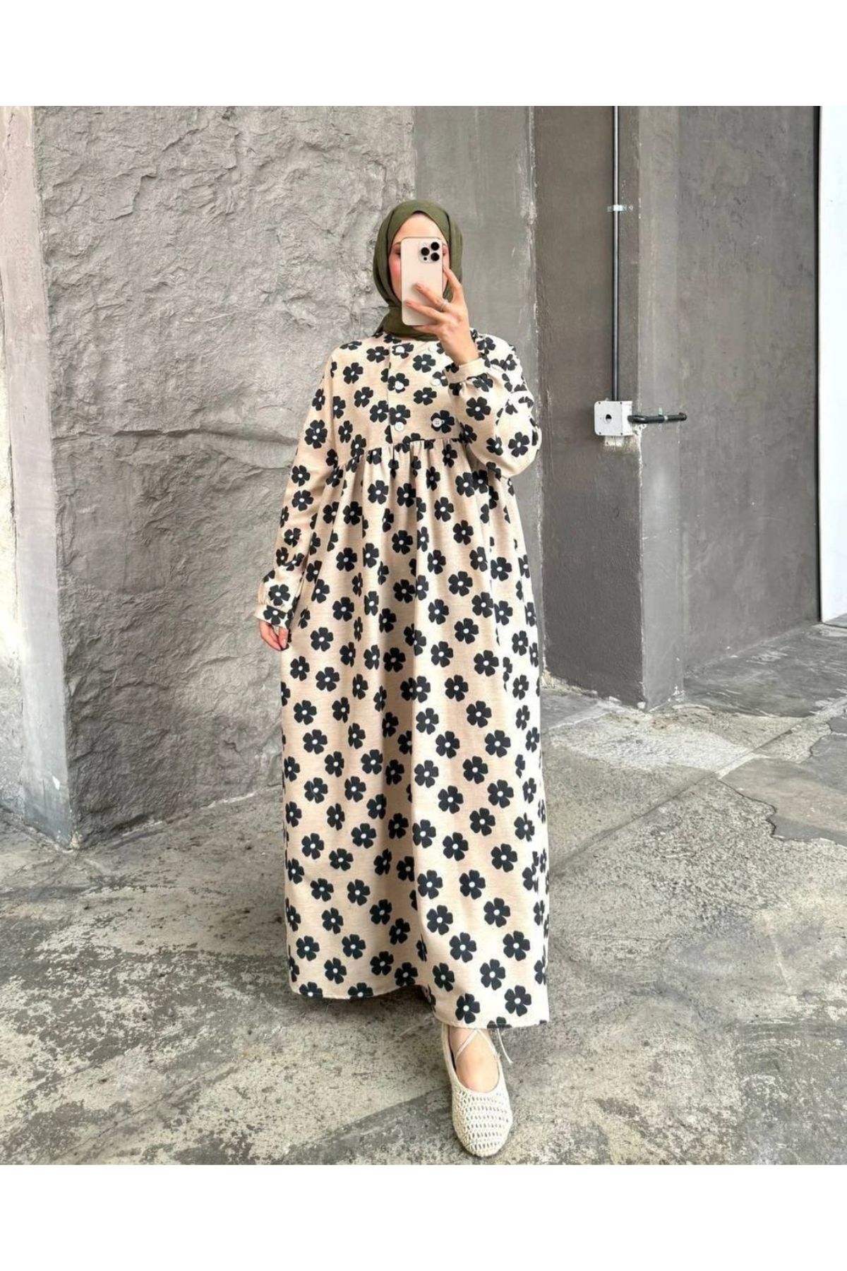 OlaLady Kadın Önü Çift Düğmeli Desenli Salaş Keten Elbise