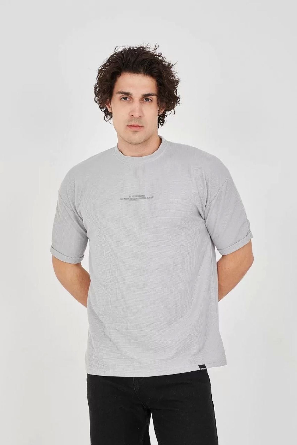 CVS Unisex Waffle Kumaş Rahat Kol T-Shirt - Boyalı Gri