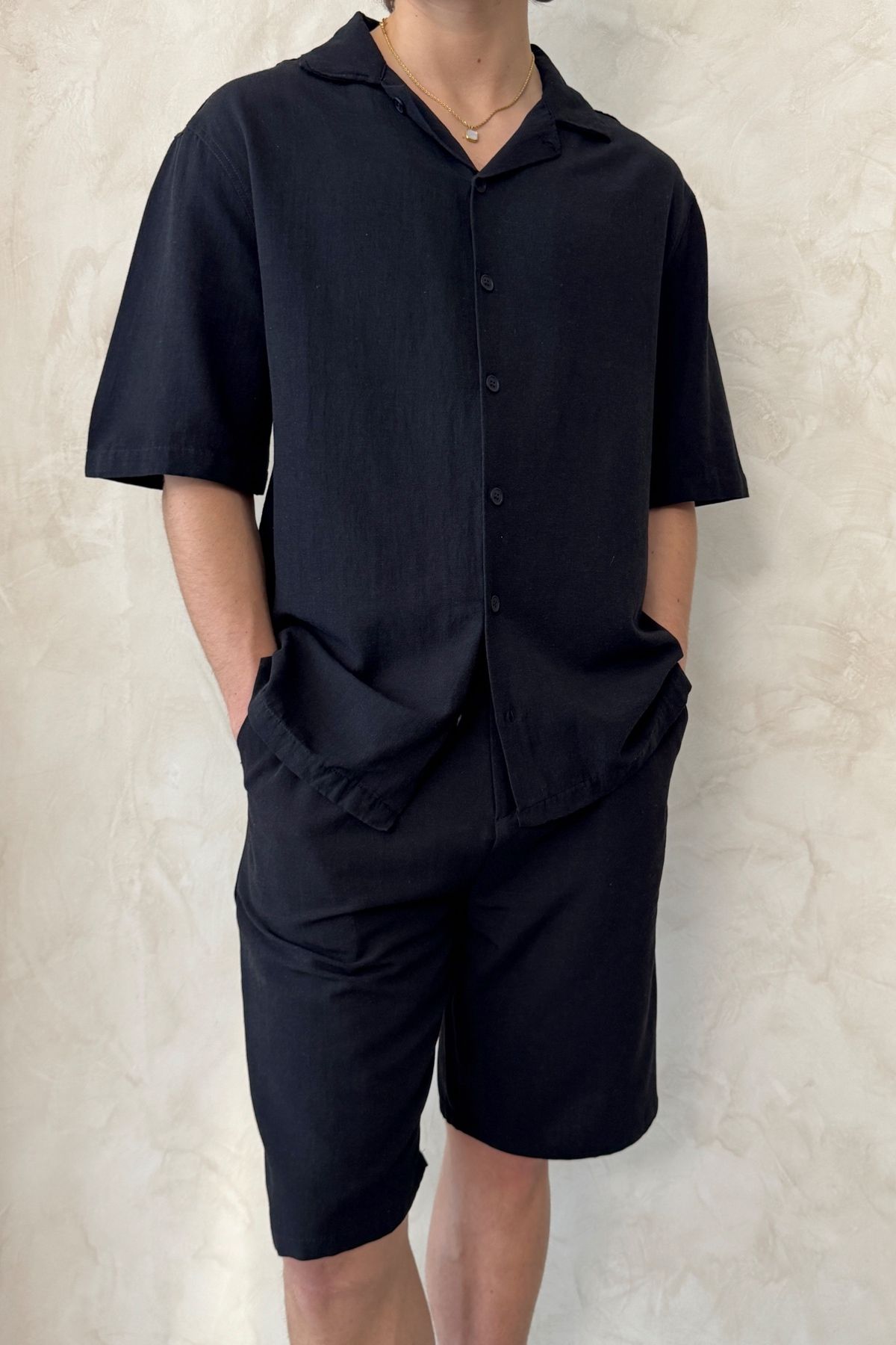 HYMAN-Men's Oversize Linen Shirt Shorts Set 5