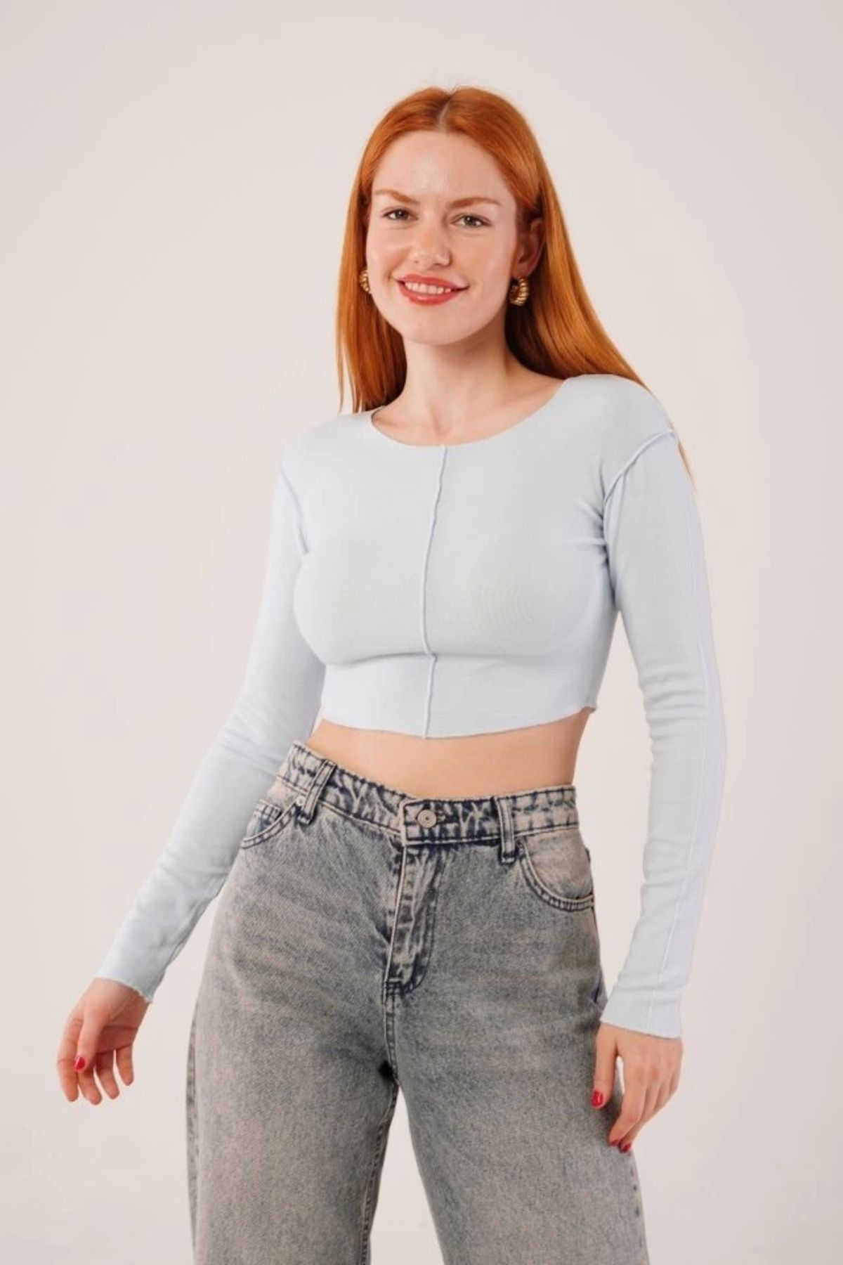 nedo7 Ters Dikişli Basic Bebe Mavisi Body Bluz