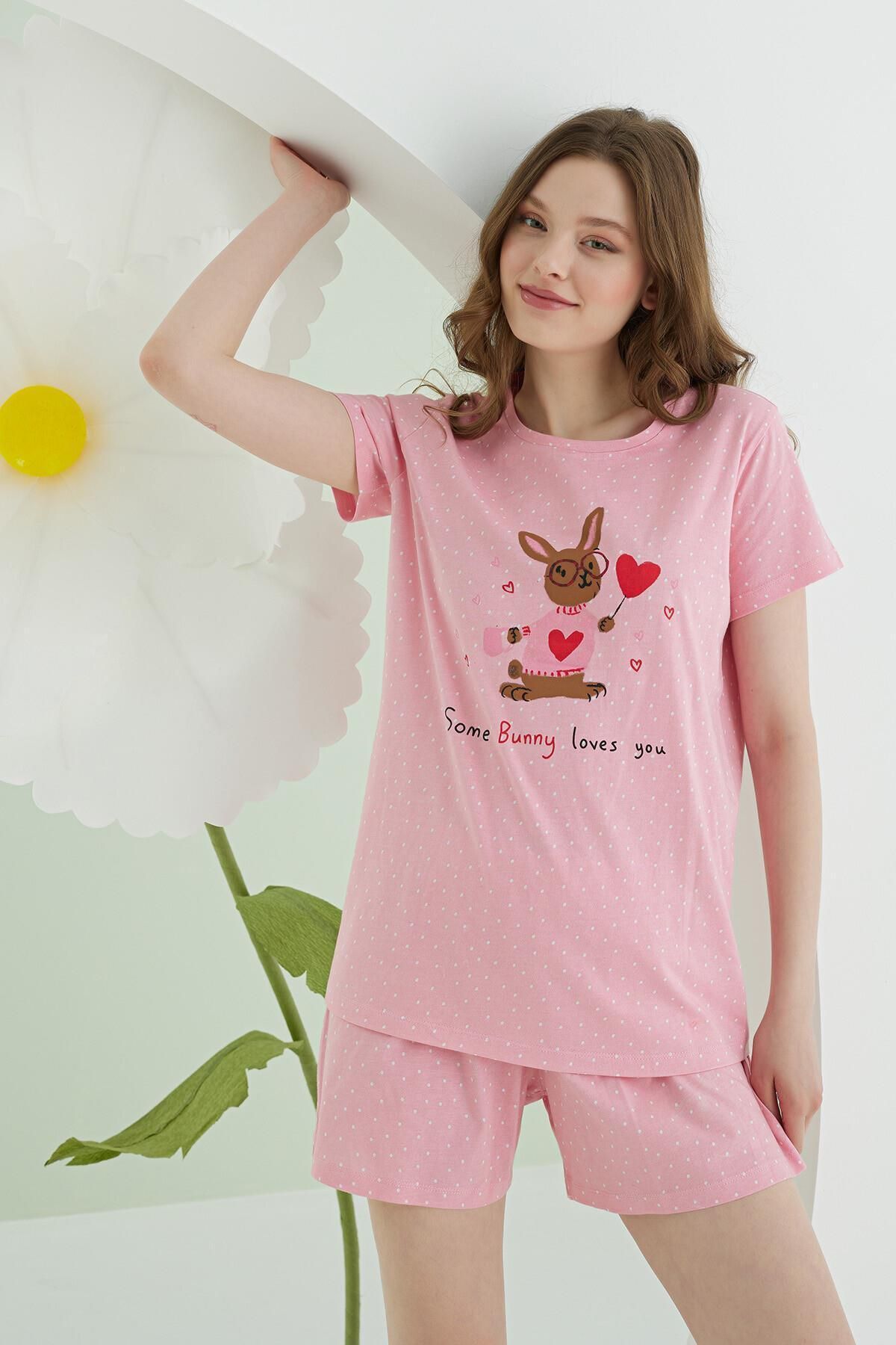 NBB %100 Pamuklu Pembe Şort T-shirt Takım, Tavşan Resimli