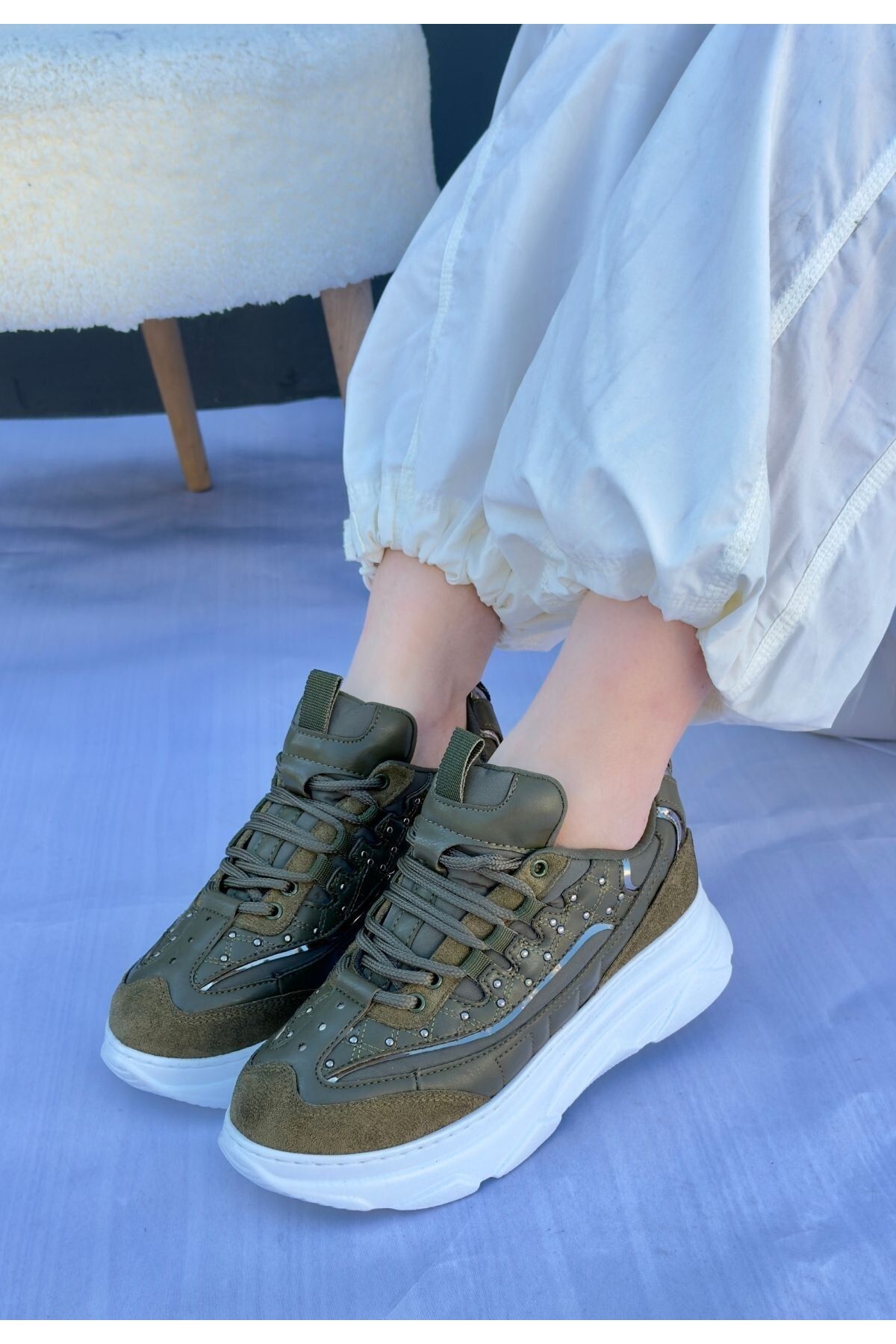pabucmarketi Yeşil Süet Bağcıklı Kadın Sneaker Ayakkabı