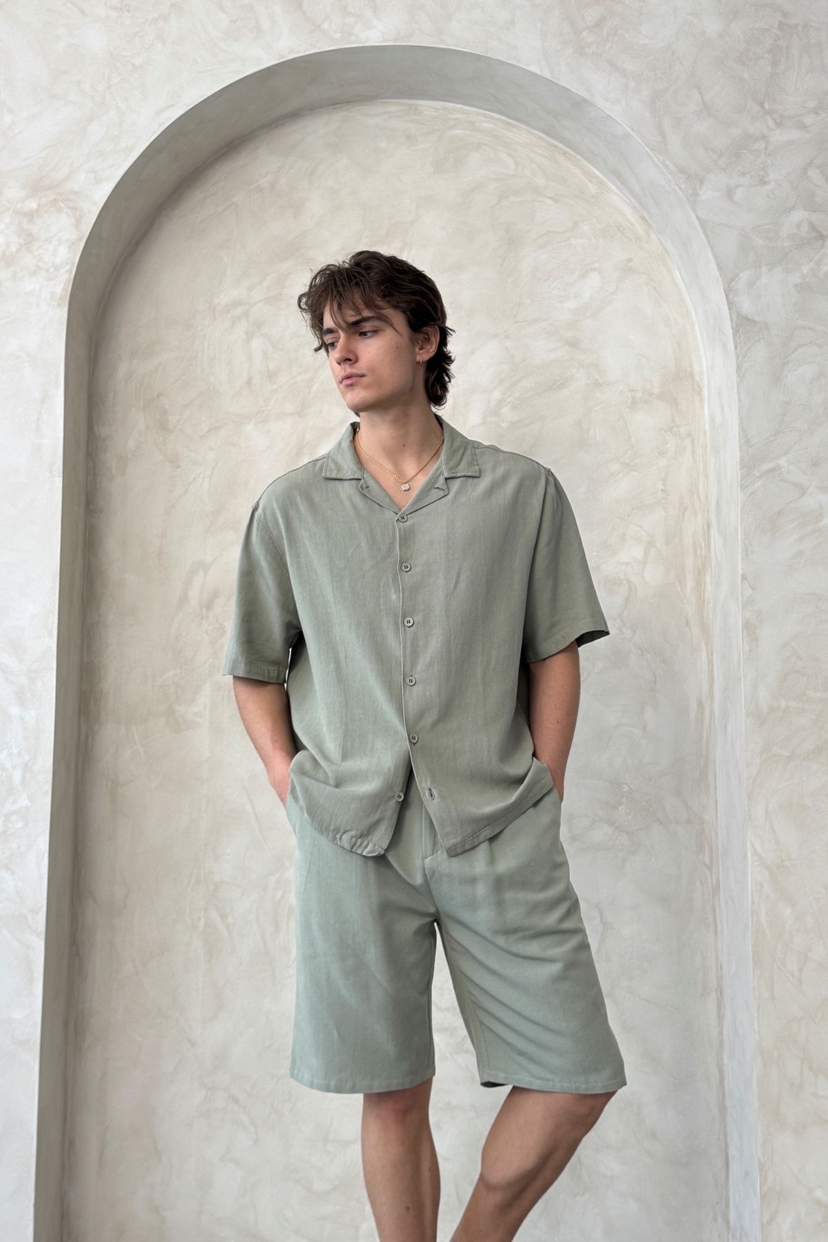 HYMAN-Men's Oversize Linen Shirt Shorts Set 3