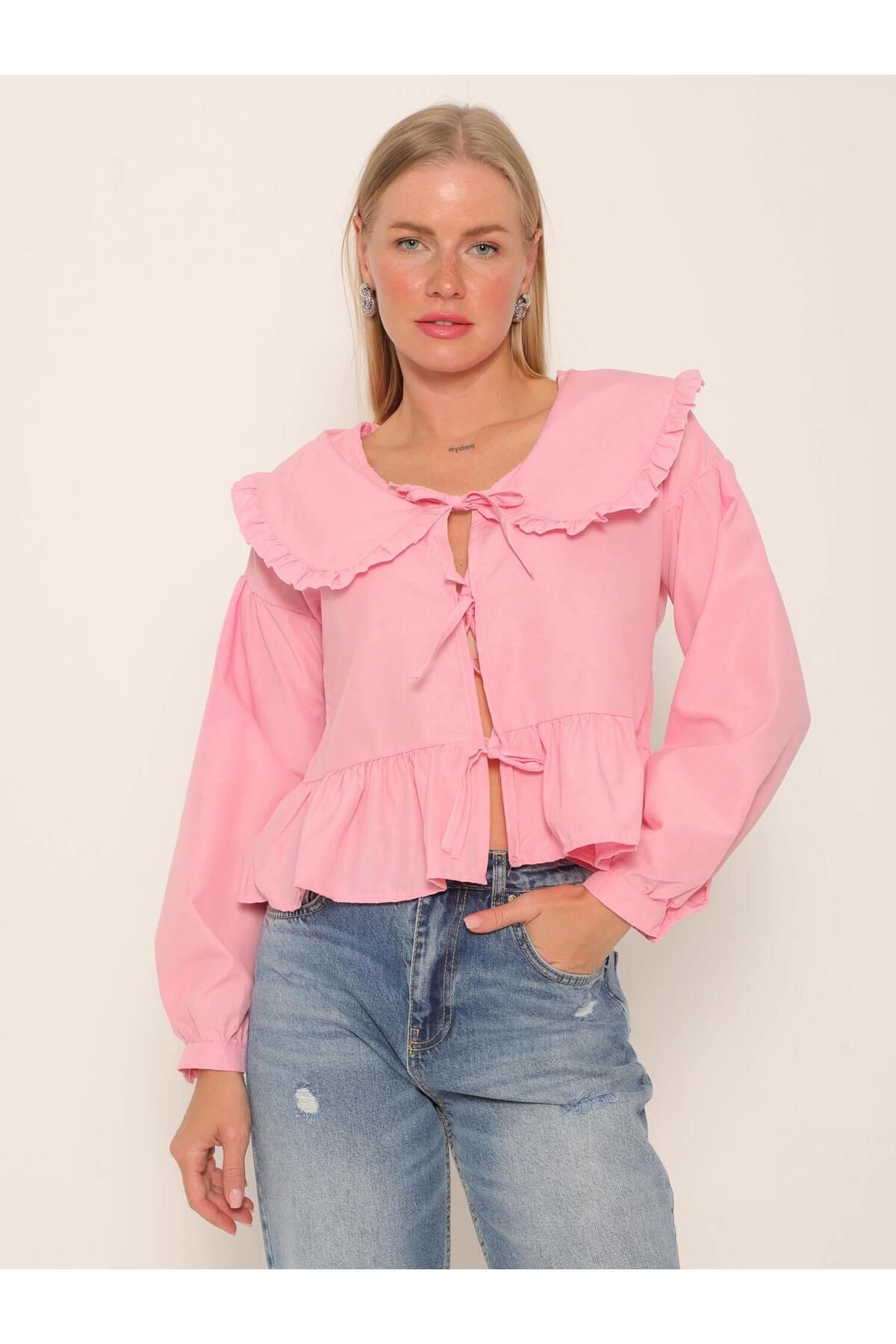 Coral Bebe Yaka Bağlamalı Bluz Pembe