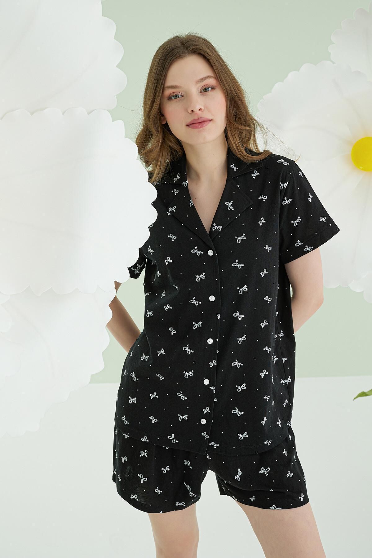 NBB %100 Pamuklu Kadın Siyah Düğmeli Şortlu Pijama Takımıı