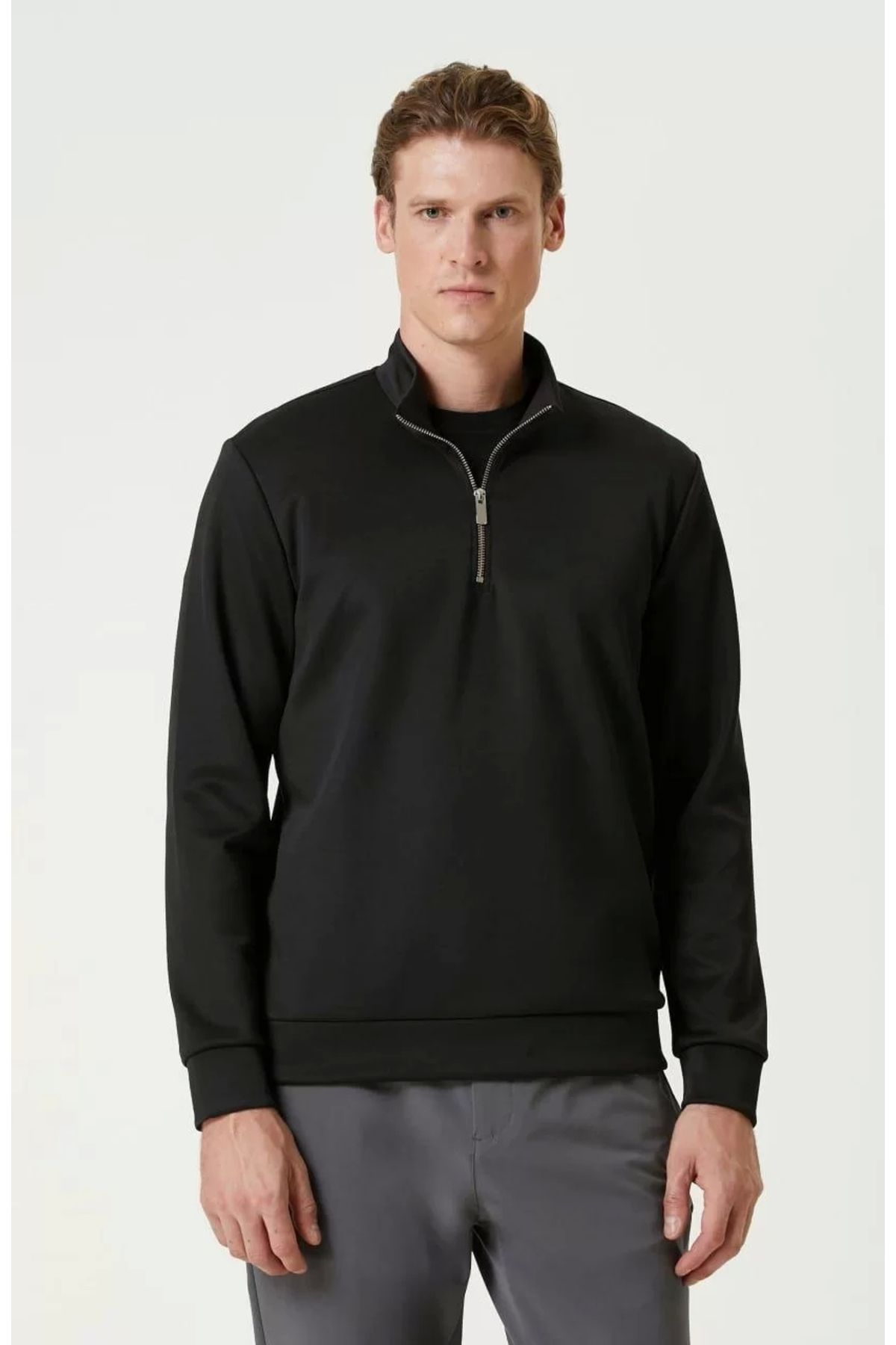 CVS Unisex Uzun Kol Yarım Farmuarlı Yakalı Basic SweatShirt - Siyah