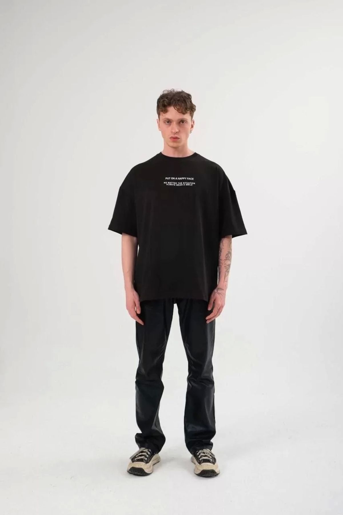 CVS Unisex Bisiklet Yaka Baskılı Oversize T-Shirt - Siyah