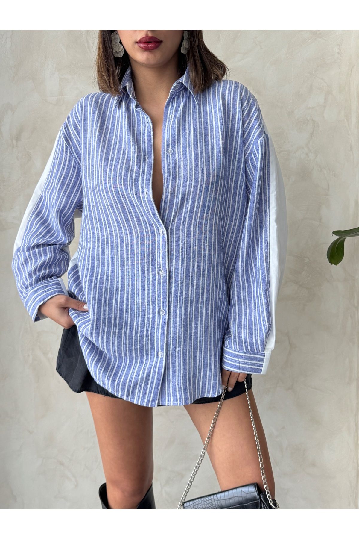 Miss Allos Kadın Çizgili Oversize Keten Gömlek
