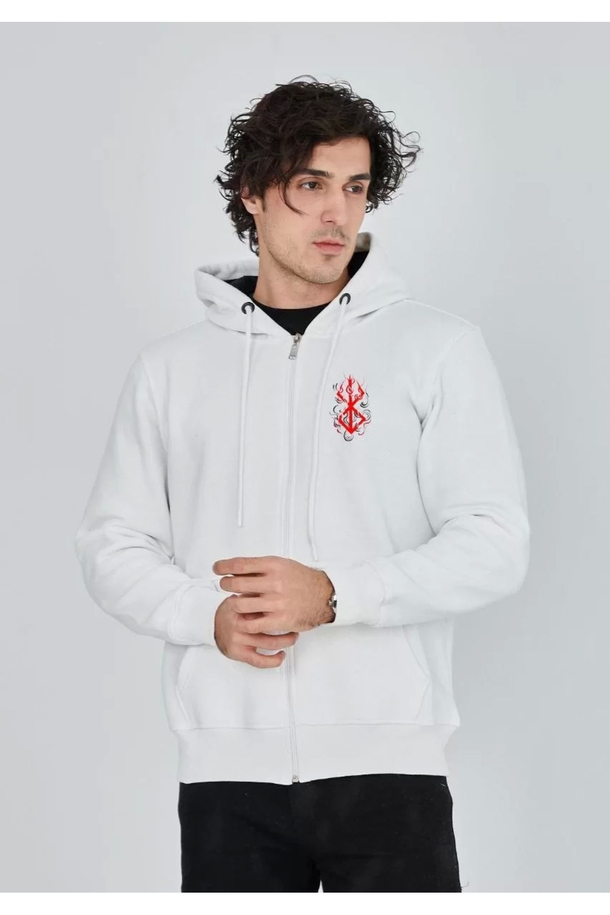 CVS Unisex Baskılı Tam Fermuarlı Kapşonlu SweatShirt - Beyaz