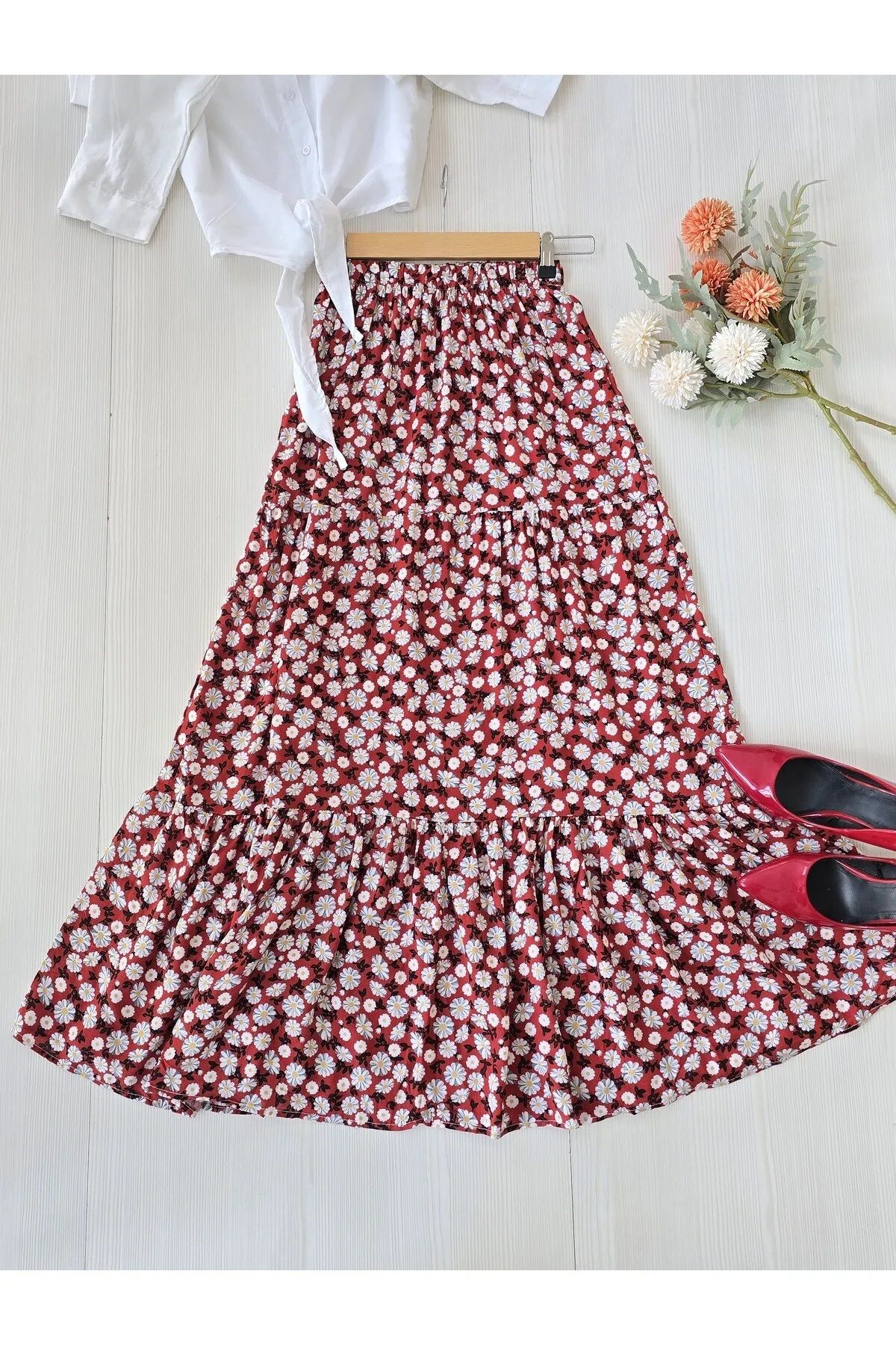 Namaste Vintage Bordo papatya desenli renkli viskon uzun etek (S/M/L)