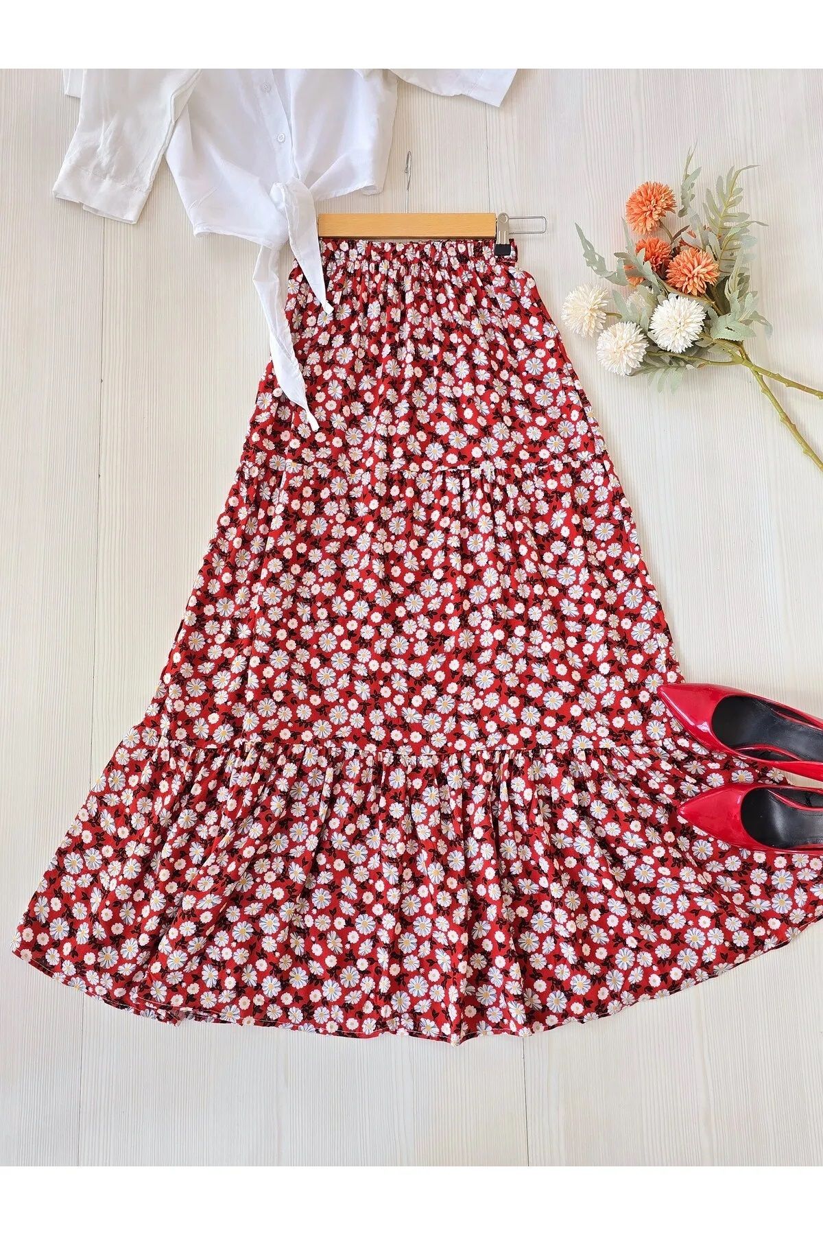 Namaste Vintage Kırmızı papatya desenli renkli viskon uzun etek (S/M/L)