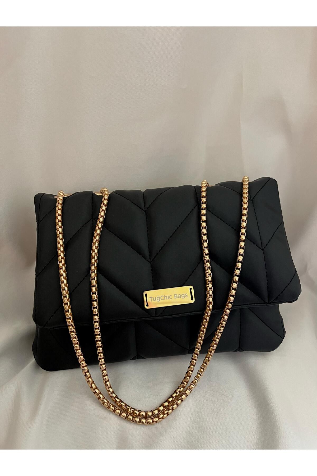 Tugchic Bags Gold Zincir Detaylı Siyah Orta Boy Kol Çantası