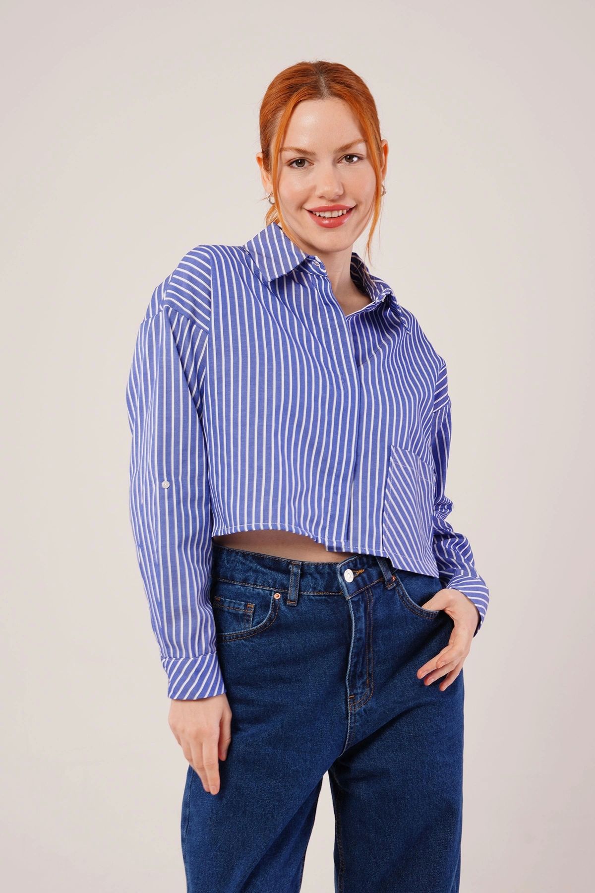 nedo7 Crop Model Cepli Ve Çizgili Mavi Gömlek