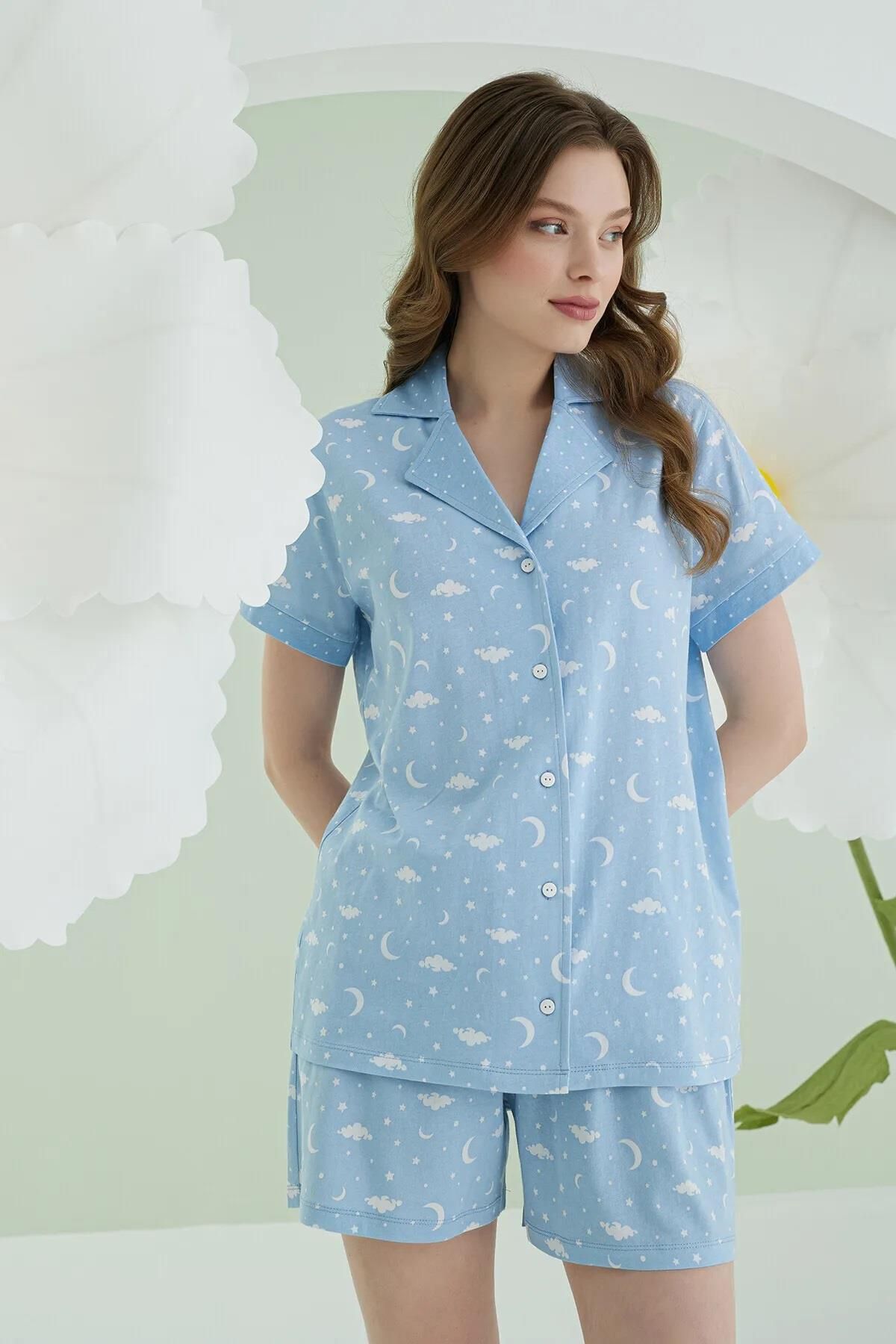NBB %100 Pamuklu Kadın Mavi Düğmeli Şortlu Pijama Takımıı