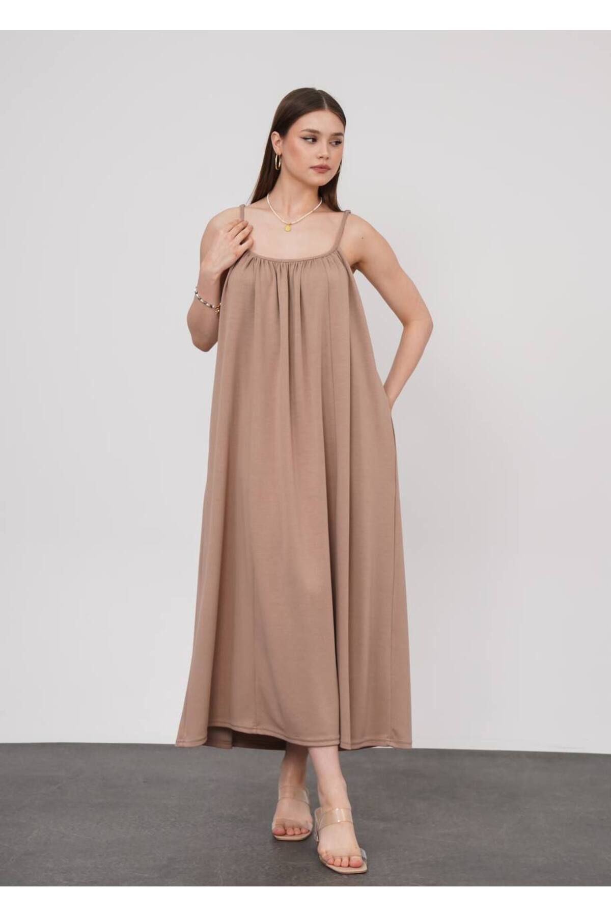 stilsepeti Kadın Vizon Askılı Cepli Oversize Yazlık Maxi Elbise TL-1000741023