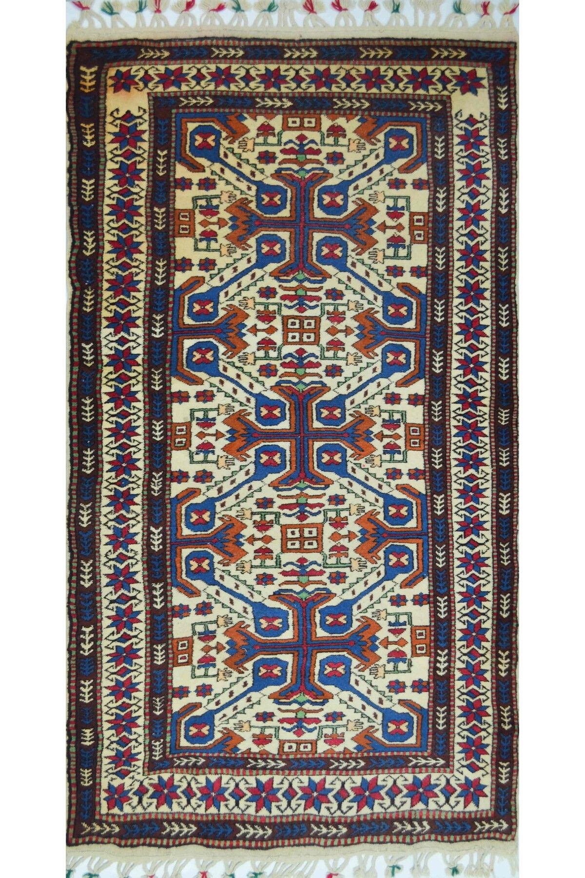 Handmade Demirci Yağcıbedir El Dokuma Halı Krem, Mavi ve Kiremit Renk 97x193 cm (1.87 m²)