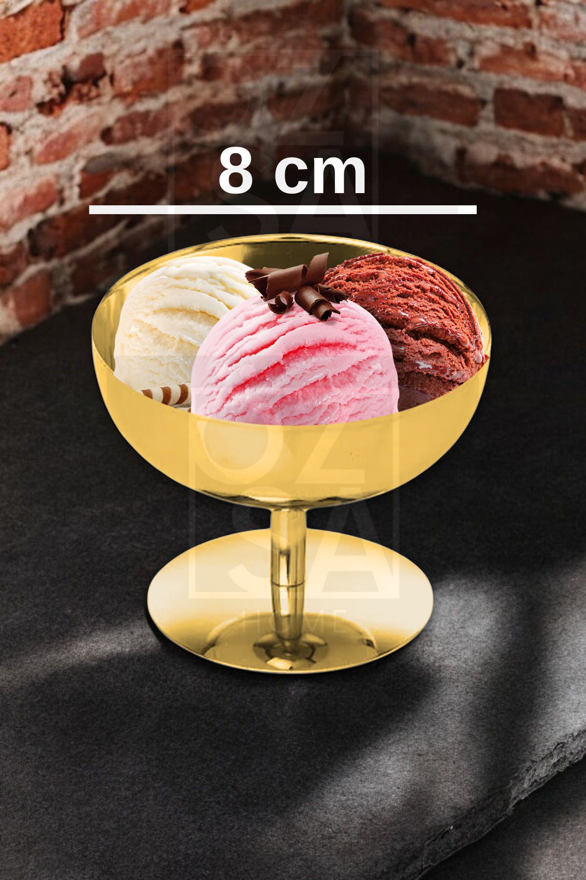 ÖzSa Home-6-Person Gold Ice Cream Server Presentation Set Footed Ice Cream Dessert Bowl 2 Tray Ice Cream Spoon Set 5
