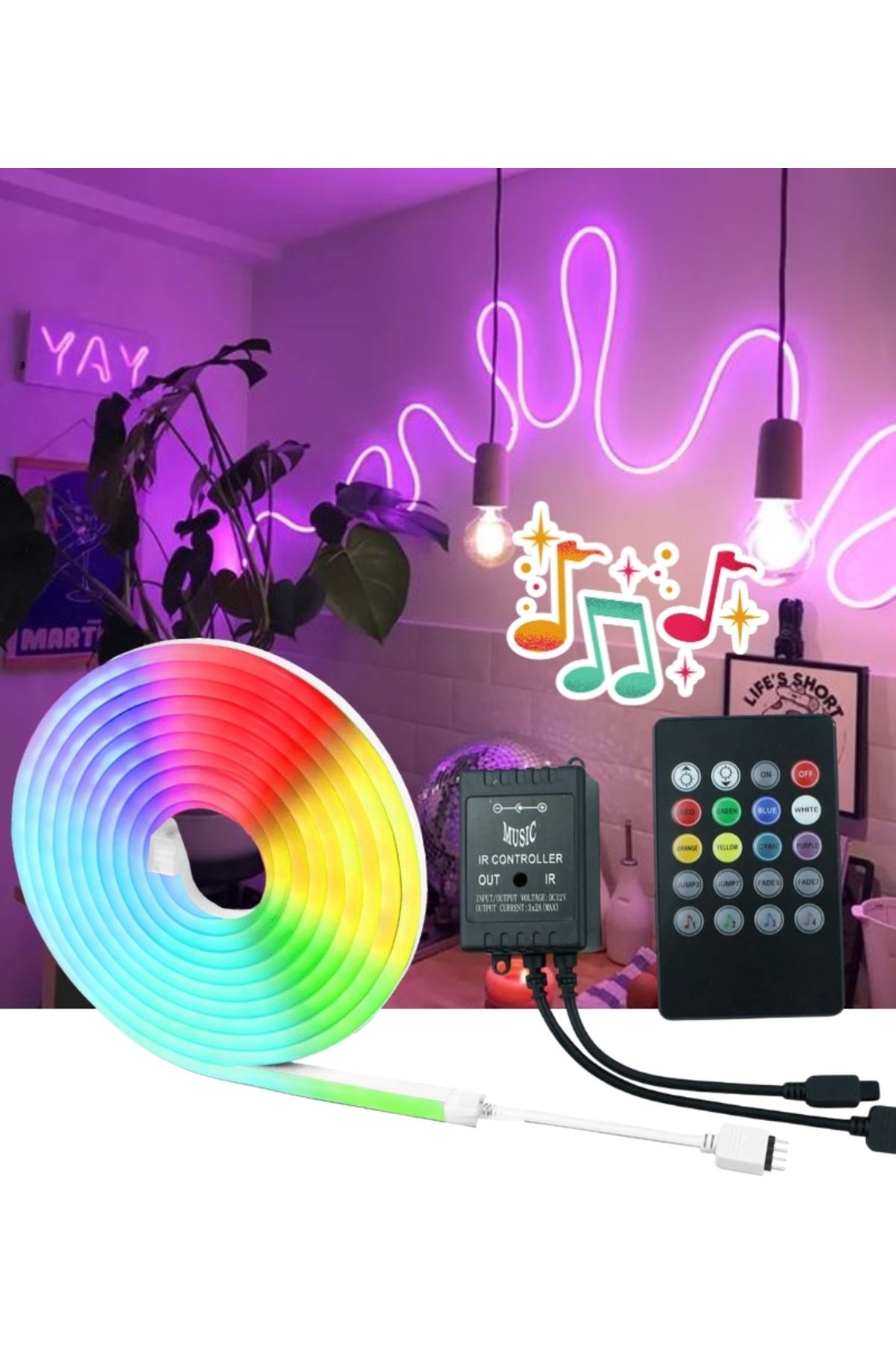 burul SB-6505 5 Metre 8 Renk Sese Duyarlı Renk Değiştiren RGB Neon Led Şerit Işık Seti