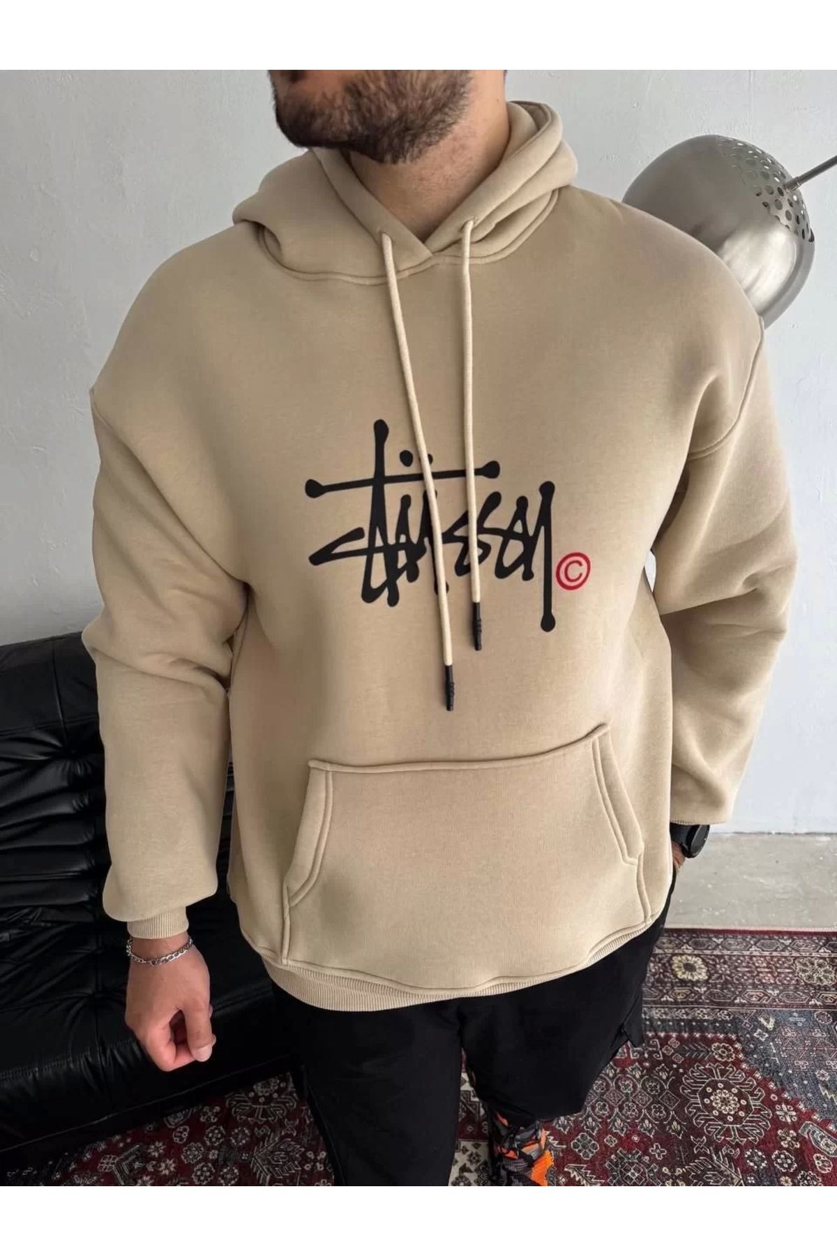 CVS Üç İplik Kapşonlu Baskılı SweatShirt - Bej