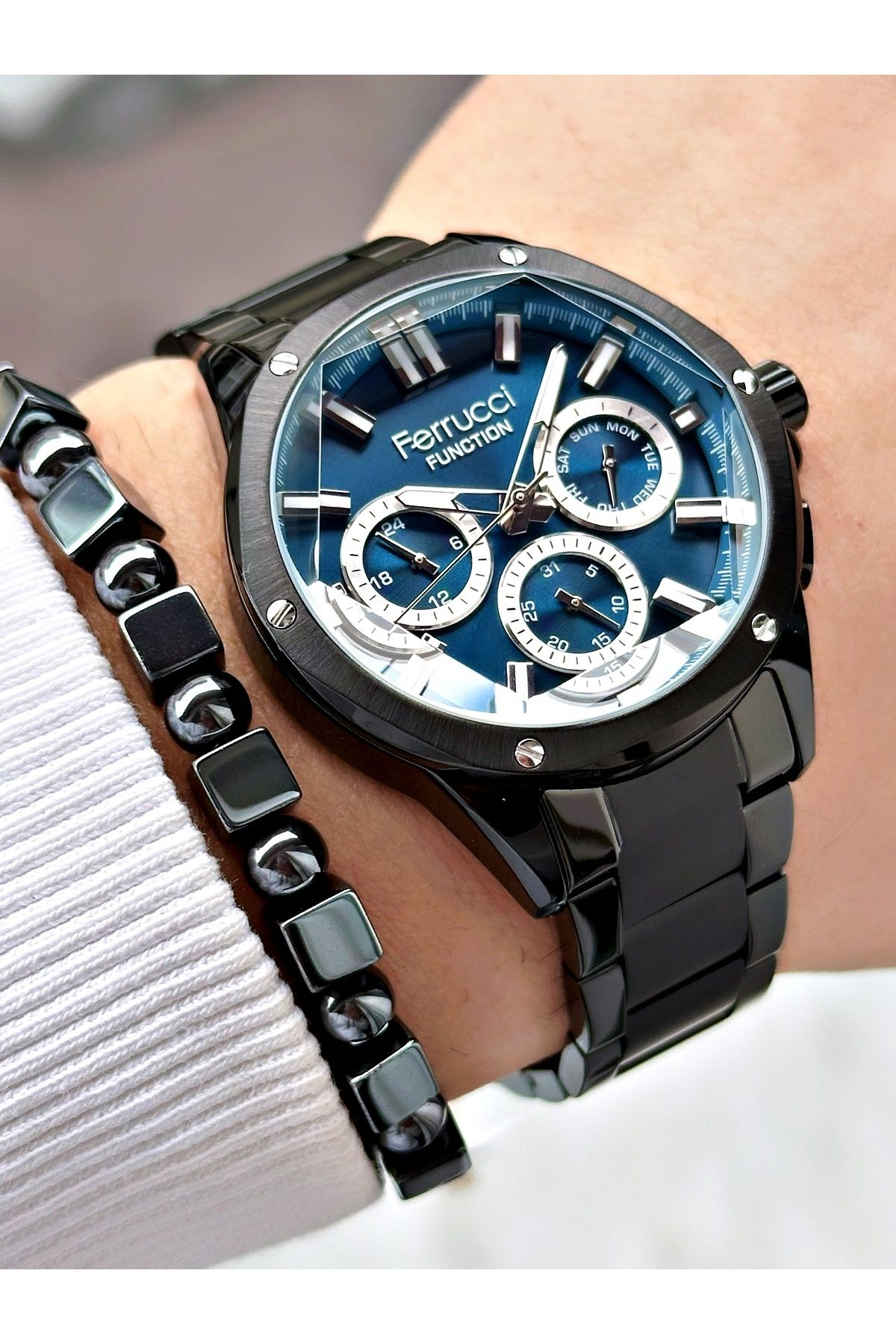 Ferrucci FERRUCCİ LACİVERT KADRANLI FUNCTION SİYAH METAL ERKEK KOL SAATİ