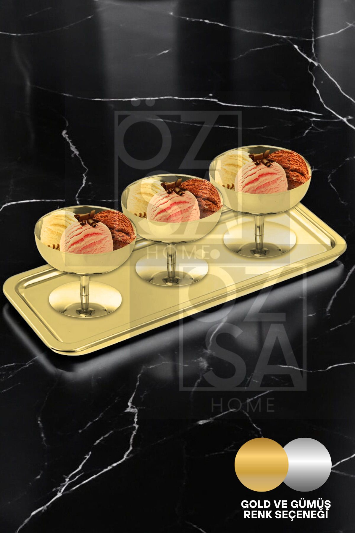 ÖzSa Home-6-Person Gold Ice Cream Server Presentation Set Footed Ice Cream Dessert Bowl 2 Tray Ice Cream Spoon Set 3