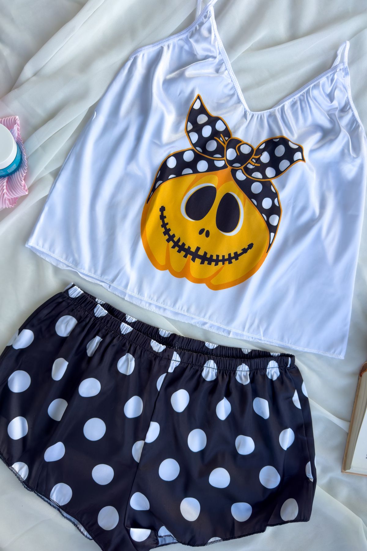 G&H UNDERWEAR Saten Bal Kabağı Desenli Pijama Takımı