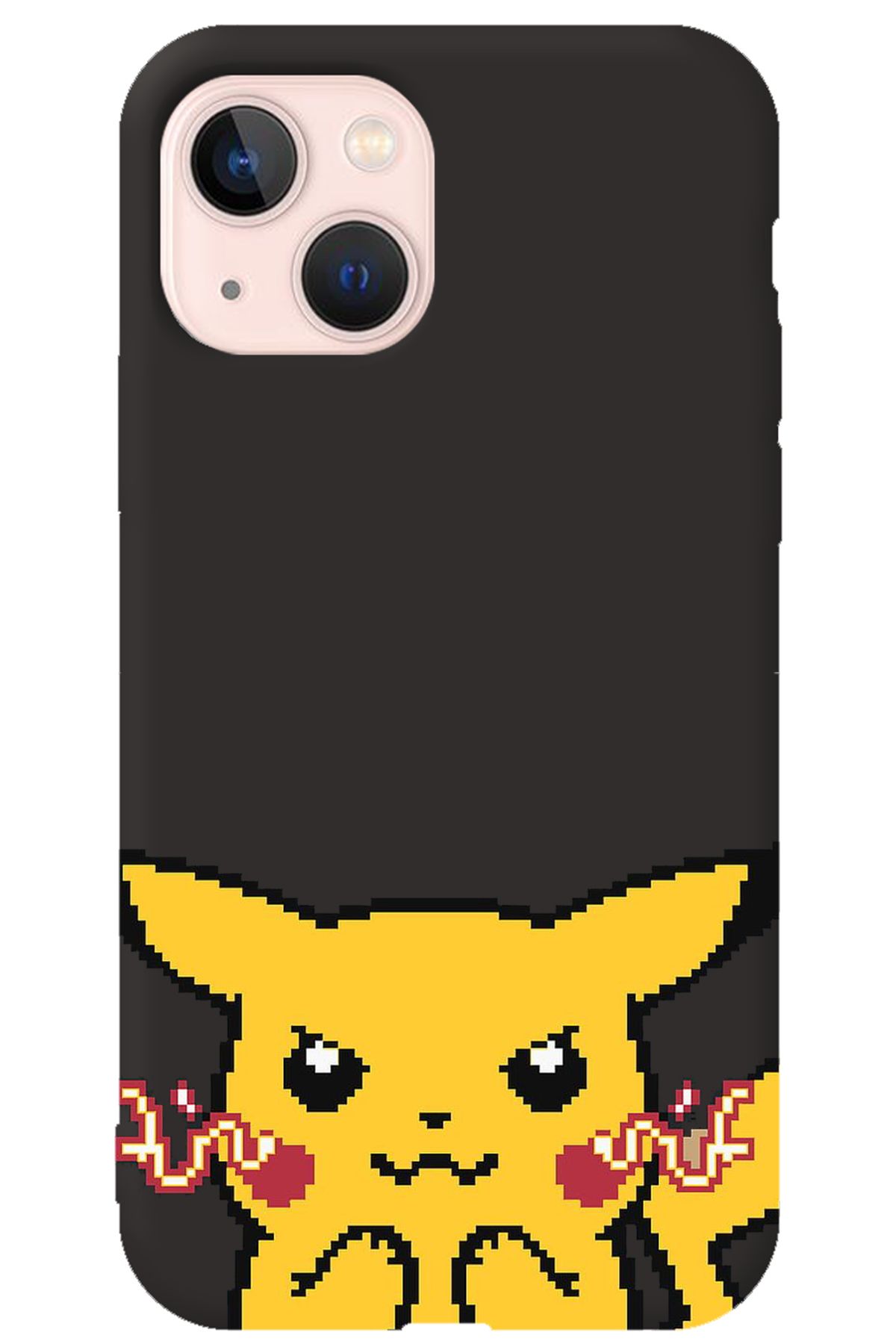 WANNA PROTECT iPhone 14 Siyah İçi Kadife Pika Pixel Desenli Silikon Telefon Kılıfı
