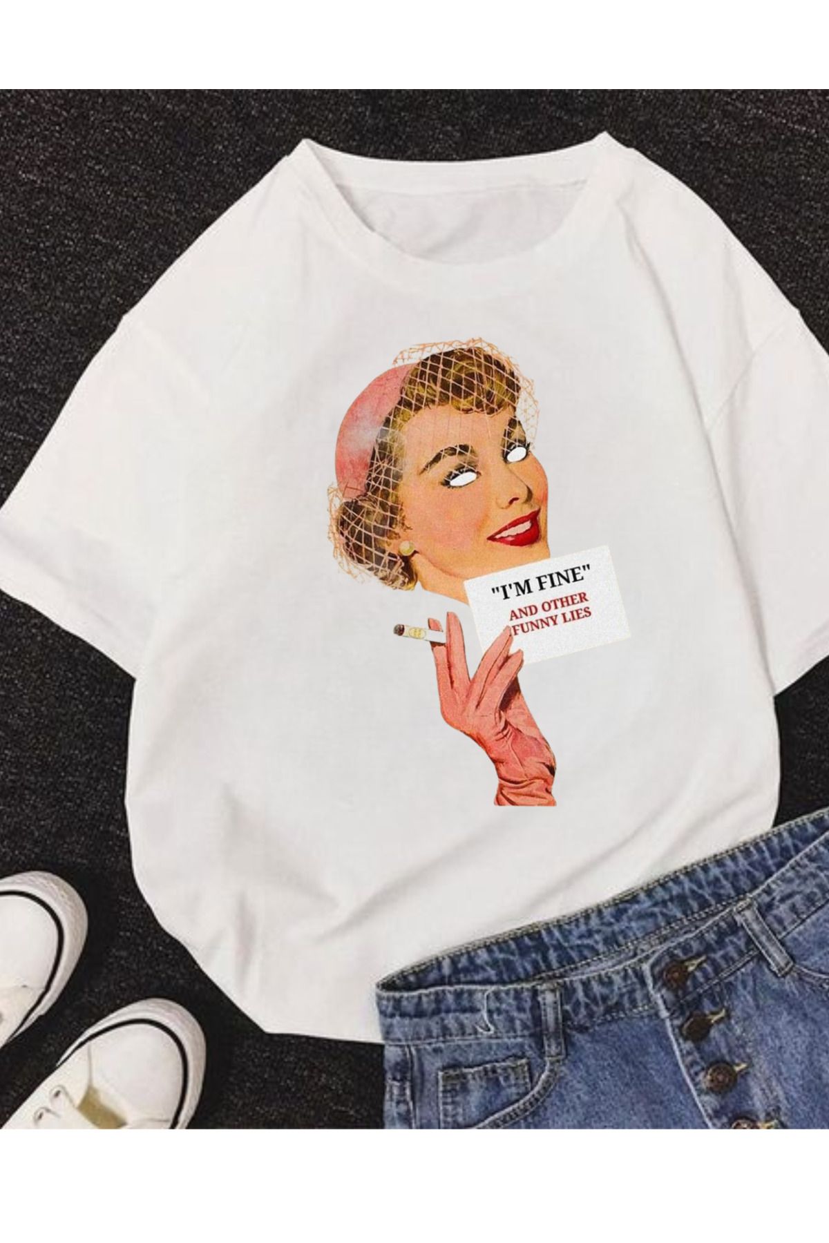 AEMİ Unisex I'm Fine Baskılı %100 Pamuk Oversize T-shirt