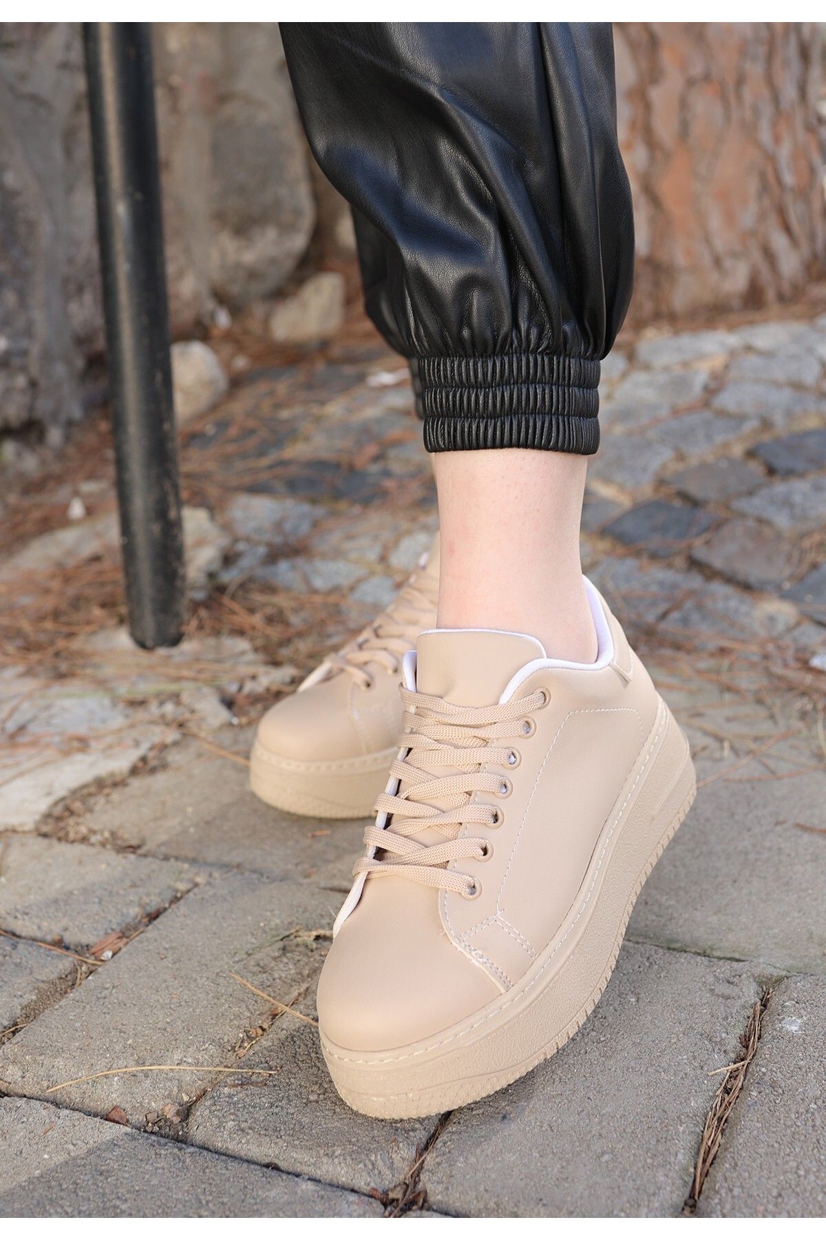 pabucmarketi Nut Nude Suni Deri Bağcıklı Kadın Sneaker Ayakkabı