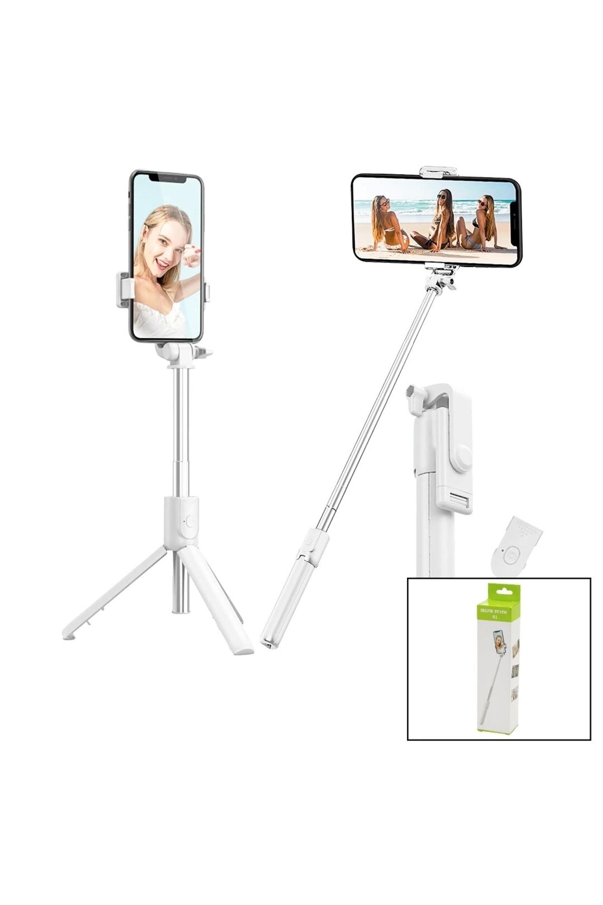 STOREMAX BEYAZ SELFİ ÇUBUK - TRİPOD AYAKLI 57CM UZAYAN-KISALAN SAPLI + 10CM =67CM (5047)