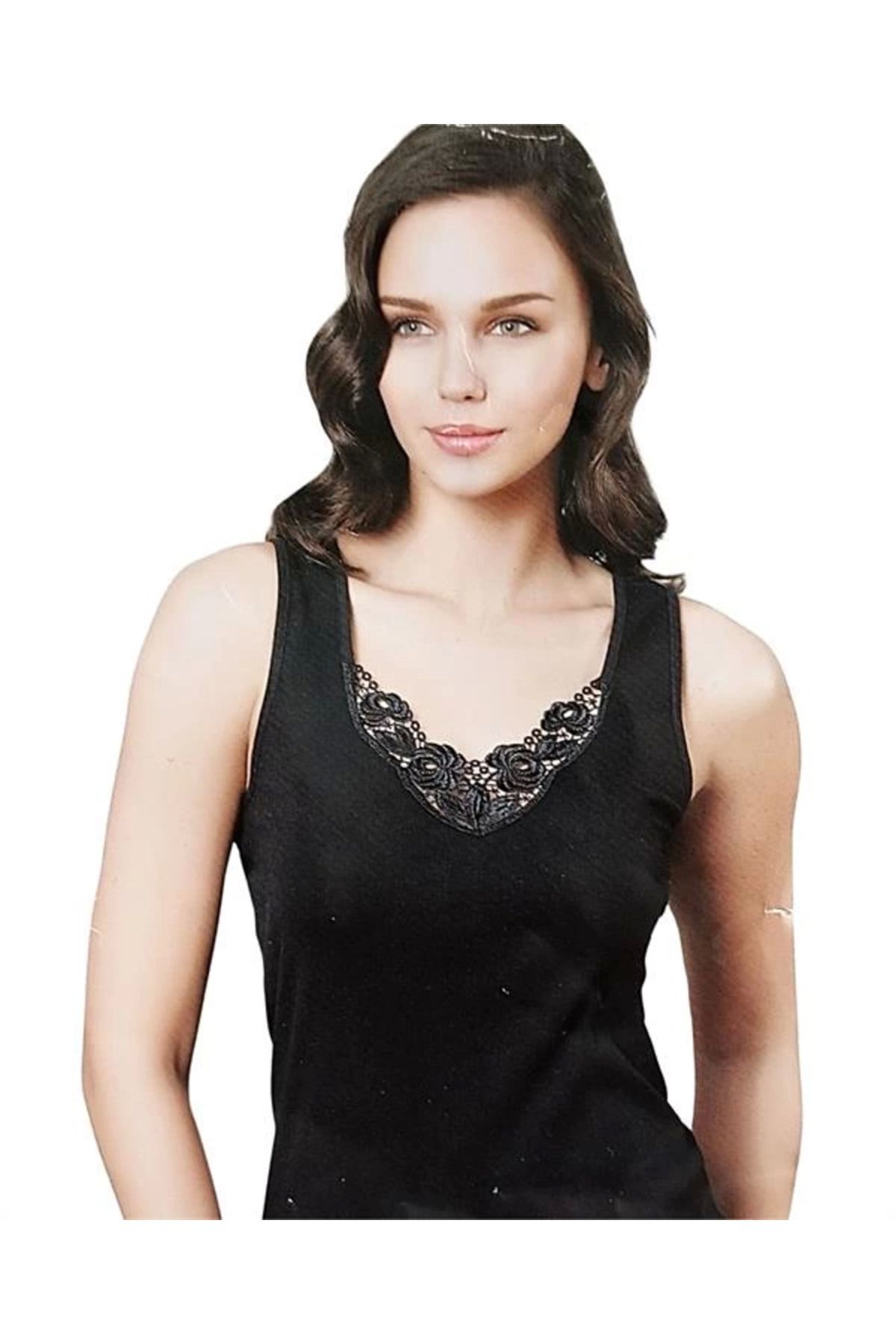 Shop58 Şahinler Kalın Askılı Dantelli Siyah Atlet