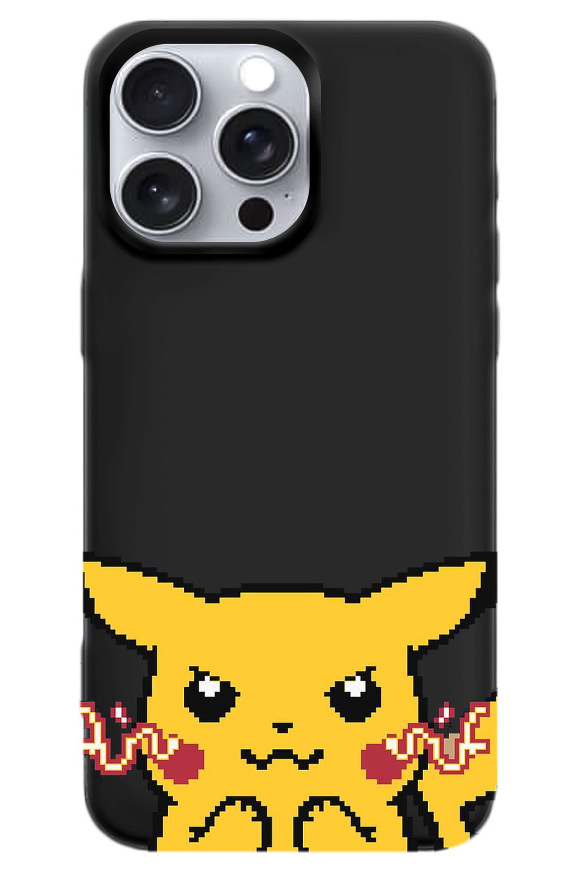 WANNA PROTECT iPhone 15 Pro Max Siyah İçi Kadife Pika Pixel Desenli Silikon Telefon Kılıfı