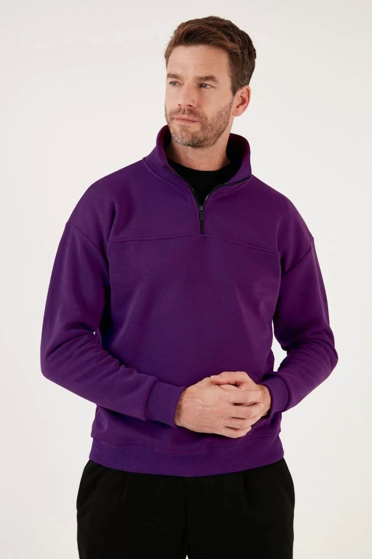 CVS Oversize Yarım Farmuarlı Yakalı Basic SweatShirt - Mor