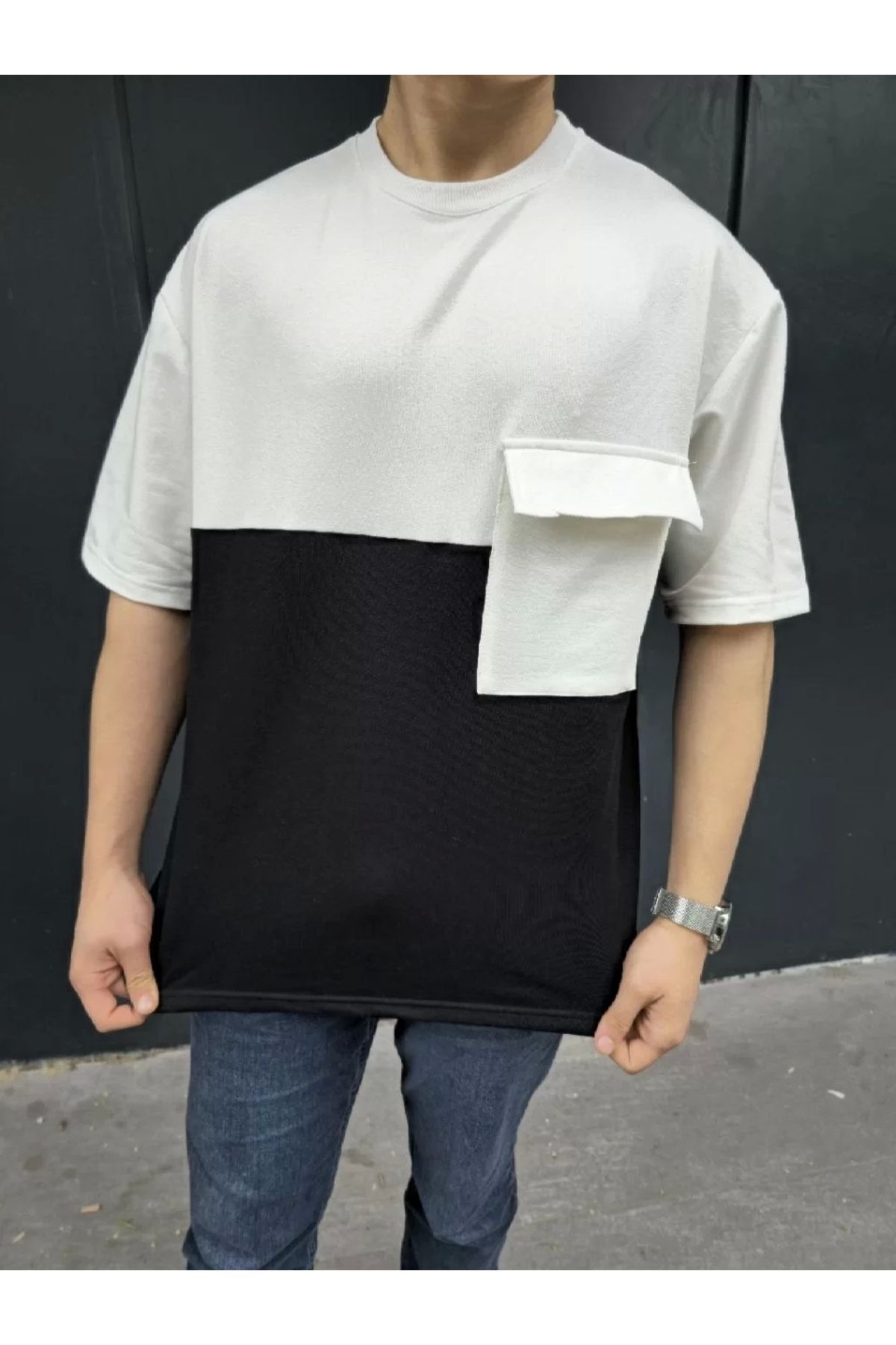 CVS Unisex Torba Cep Detaylı Parçalı T-Shirt - Siyah