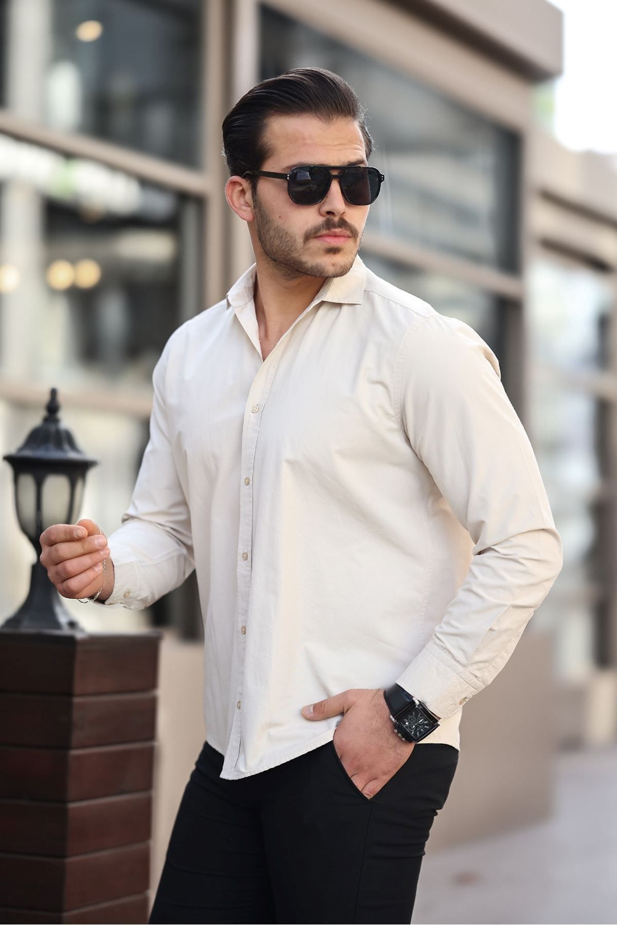 Shop58 Erkek Büyük Beden Taş kejil Casual Pamuk Poplin Kumaş Gömlek