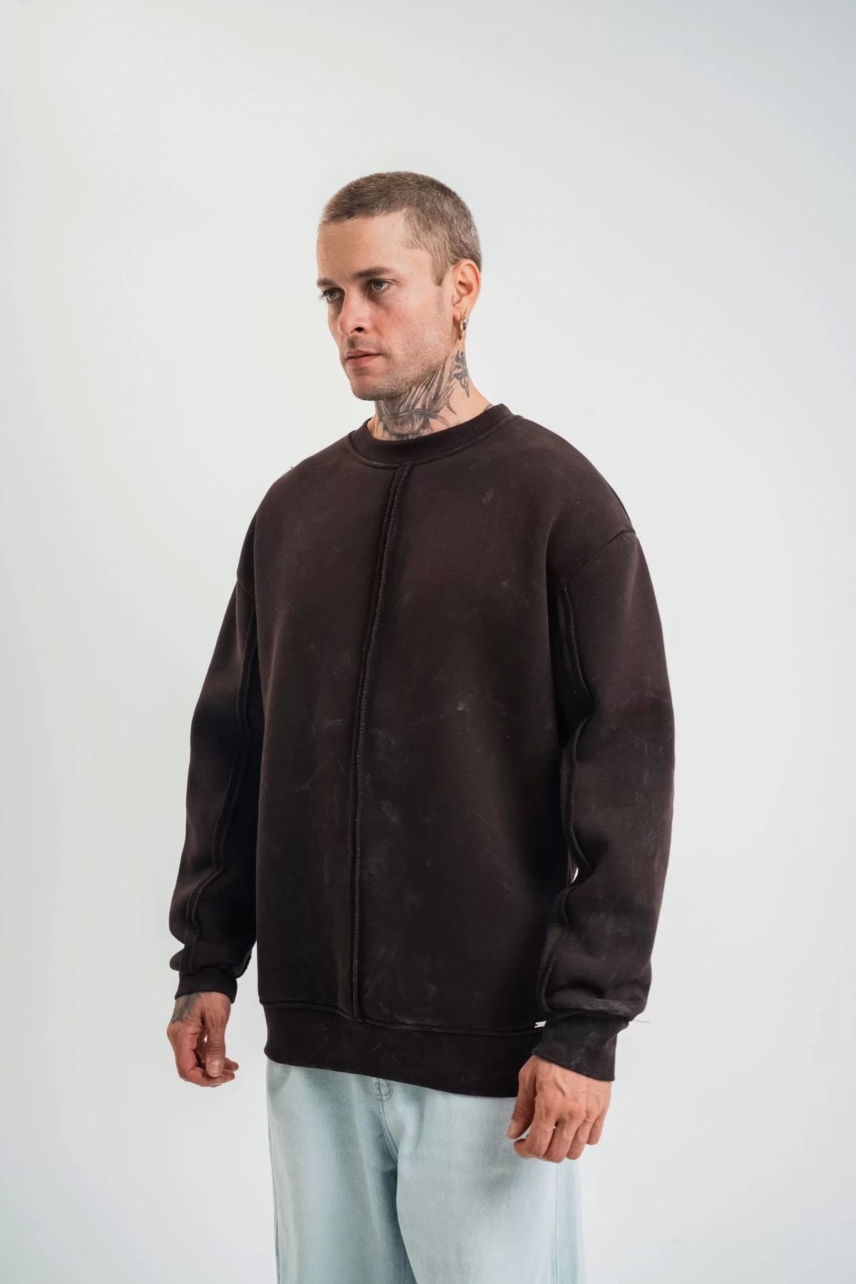 CVS Unisex Bisiklet Yaka Özel Pis Dikişli Yıkamalı SweatShirt - Kahve