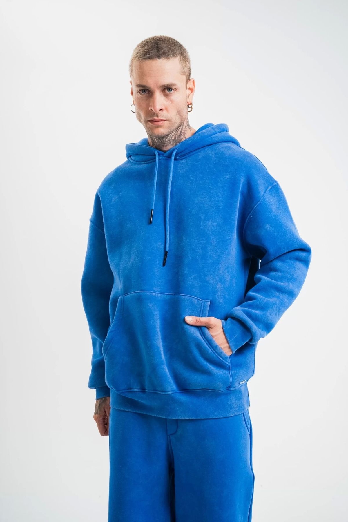 CVS Unisex Double Oversize Kapşonlu Yıkamalı SweatShirt - Mavi