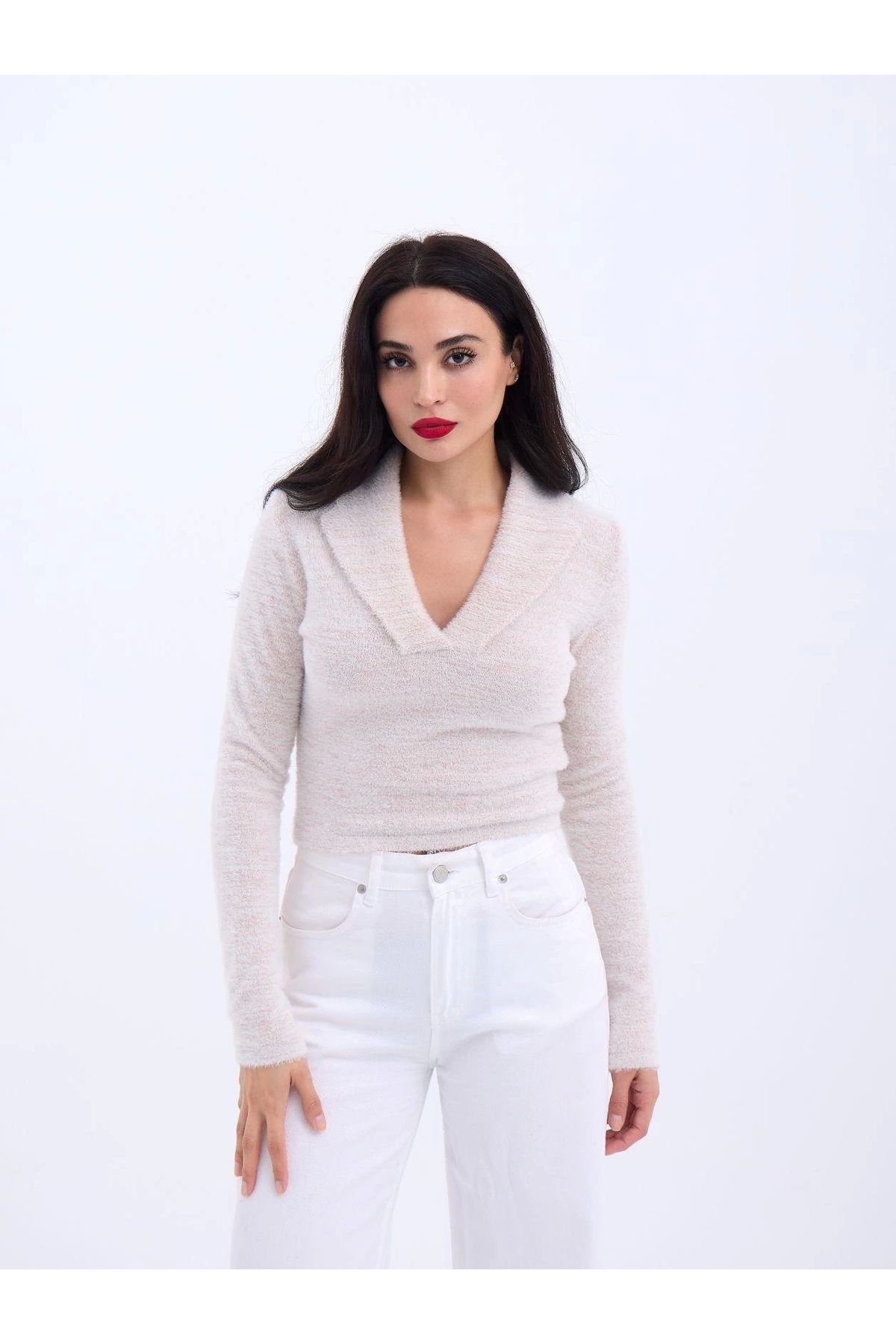 nedo7 42531 TRİKO SİMLİ YAKALI CROP-EKRU