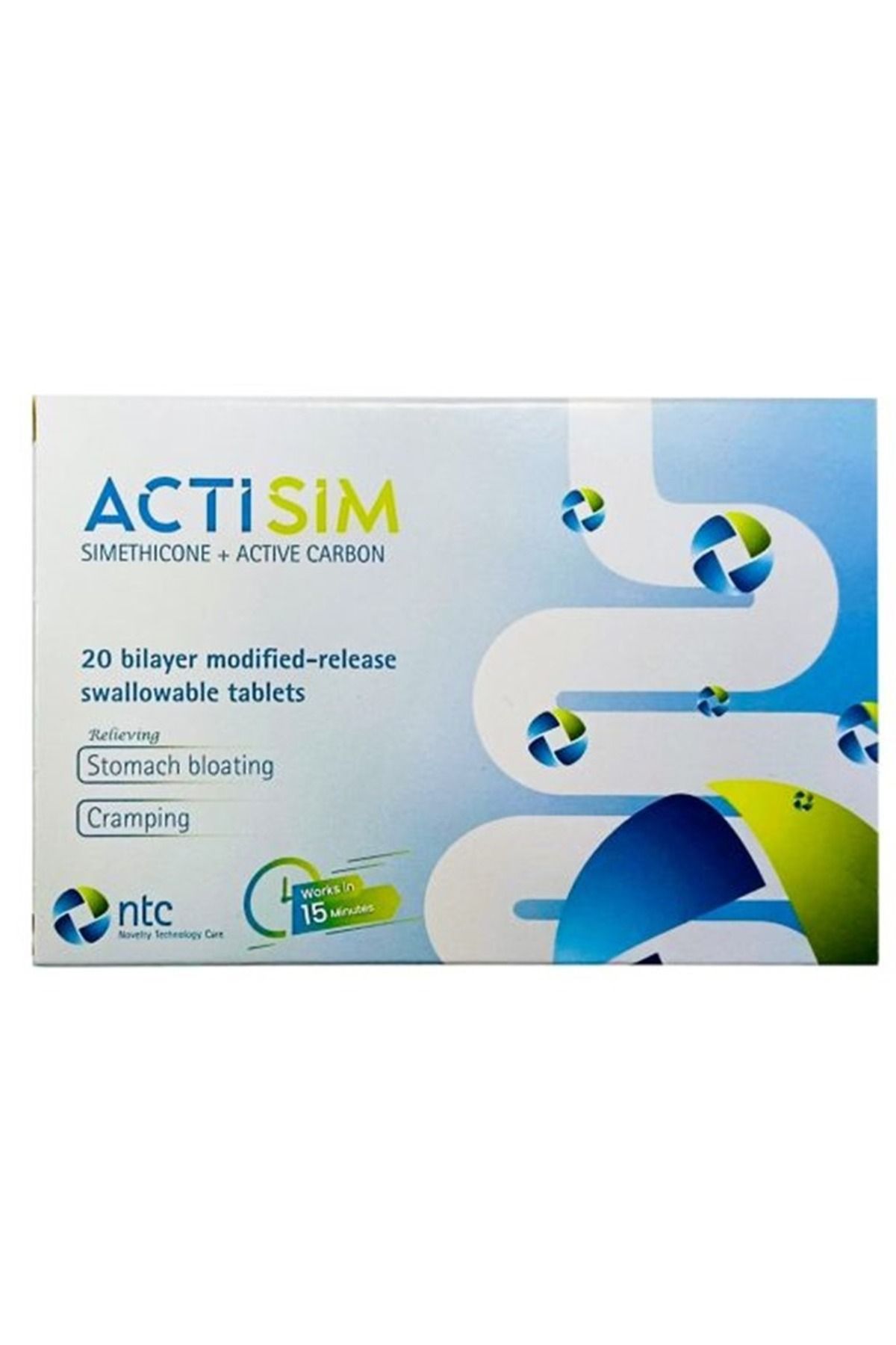 ntc-ACTISIM Simethicone + Active Carbon, 20 Swallowable Tablets, Relieving Stomach bloating & Cramping 1